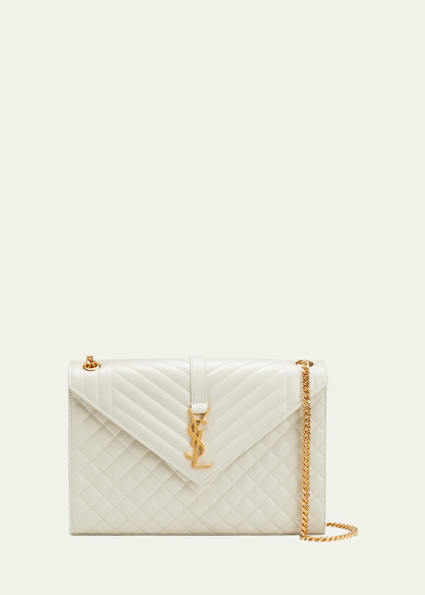 Saint Laurent Monogram Ysl V-flap Large Tri-quilt Envelope Chain Shoulder Bag - Golden Hardware In White