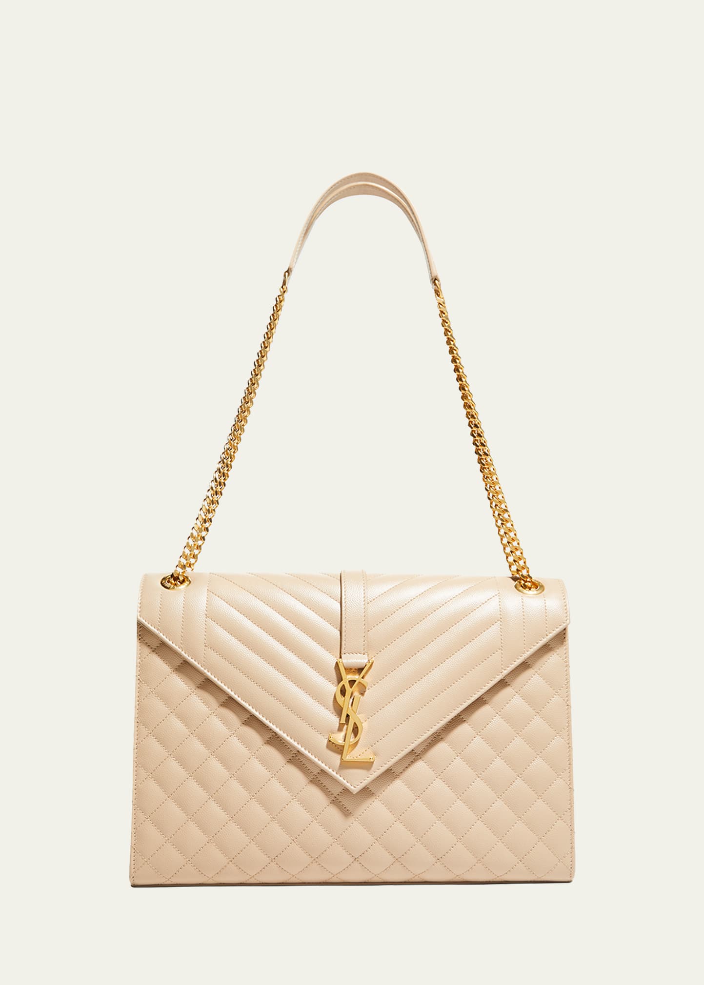 SAINT LAURENT Beige Monogram YSL V-Flap Large Tri-Quilt Envelope