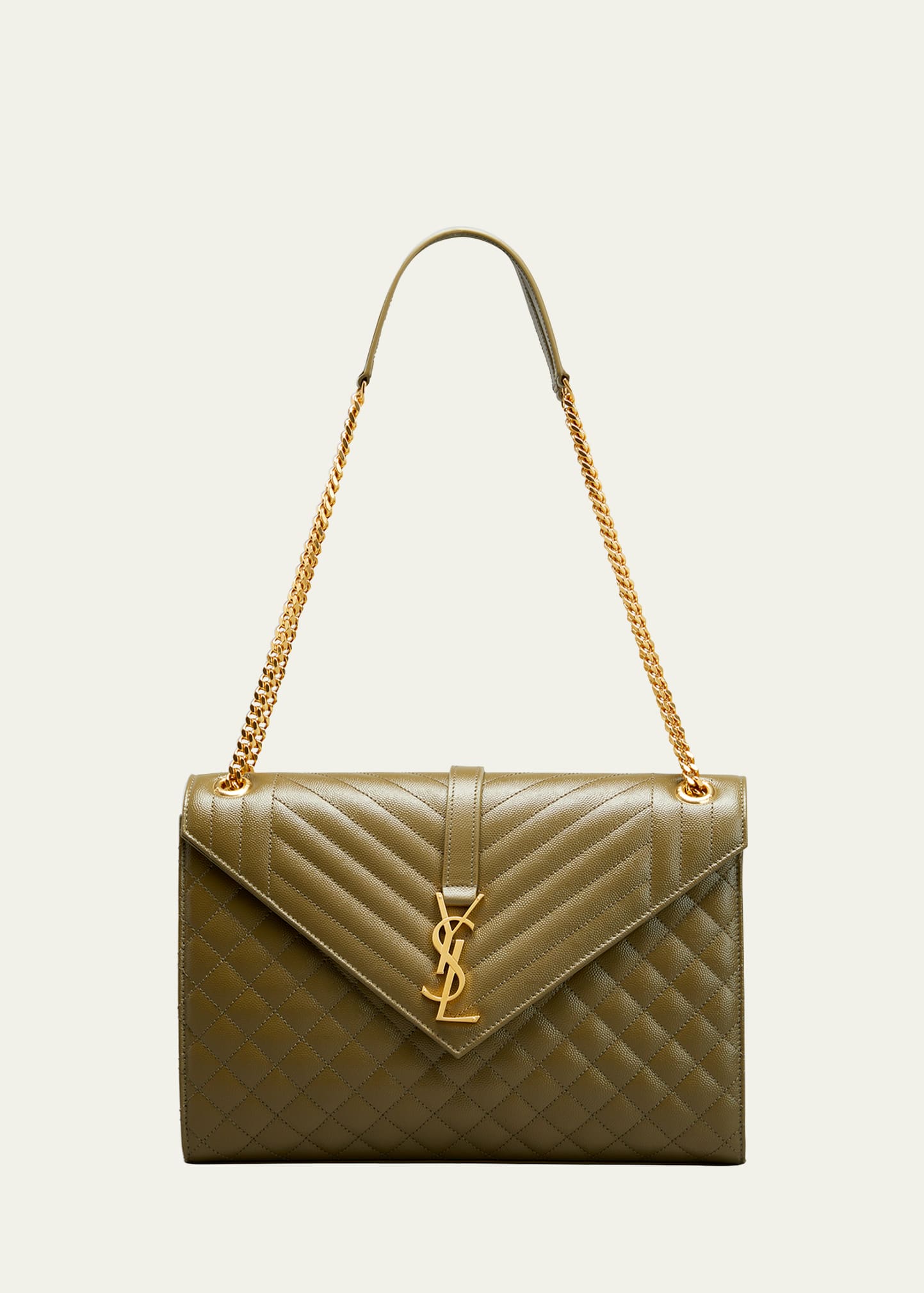 Saint Laurent Monogram Ysl V-flap Large Tri-quilt Envelope Chain Shoulder Bag - Golden Hardware In Gray