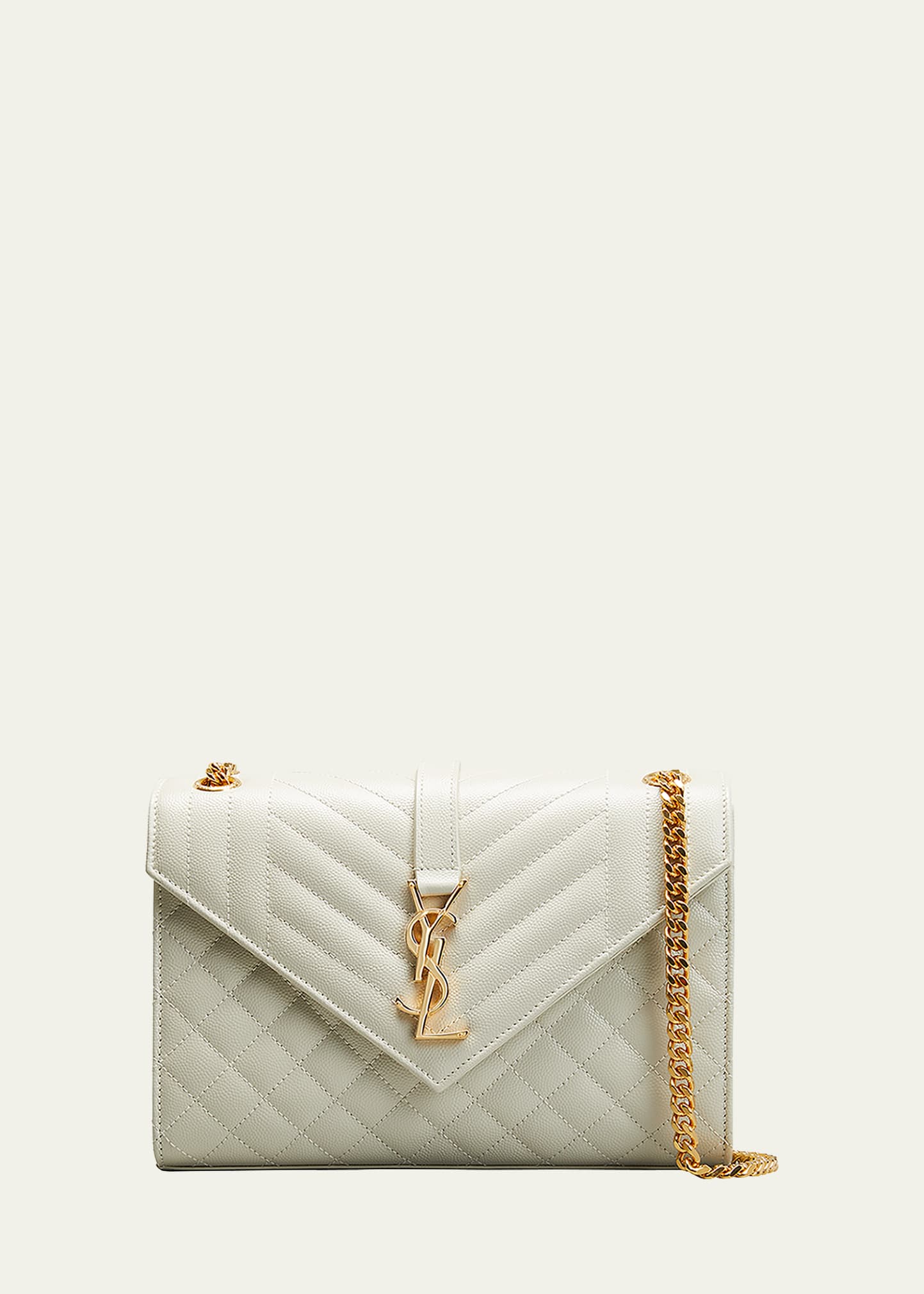 Saint Laurent Medium Tri-quilted Matelasse Grain De Poudre Flap Shoulder Bag, Golden Hardware In White