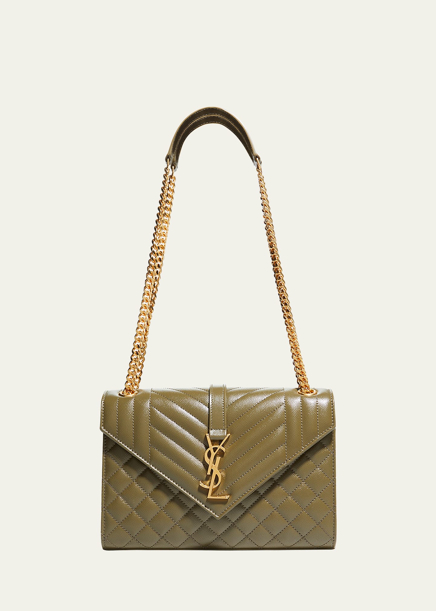 Saint Laurent Medium Tri-quilted Matelasse Grain De Poudre Flap Shoulder Bag, Golden Hardware In Kaki
