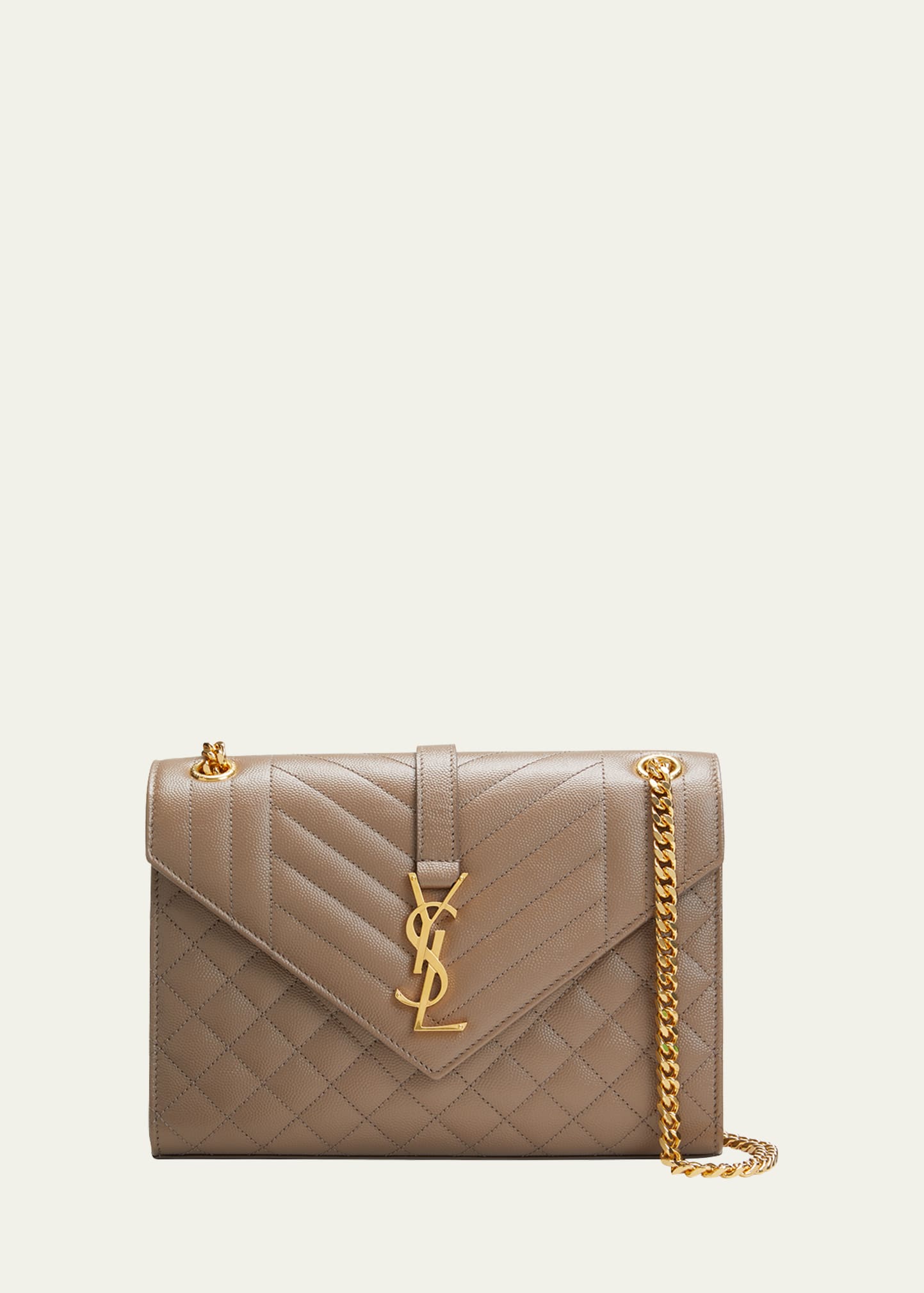 Saint Laurent YSL Monogram Cassandra Chevron Matelasse Envelope Chain  Wallet in Dusty Grey Grain De Poudre - SOLD