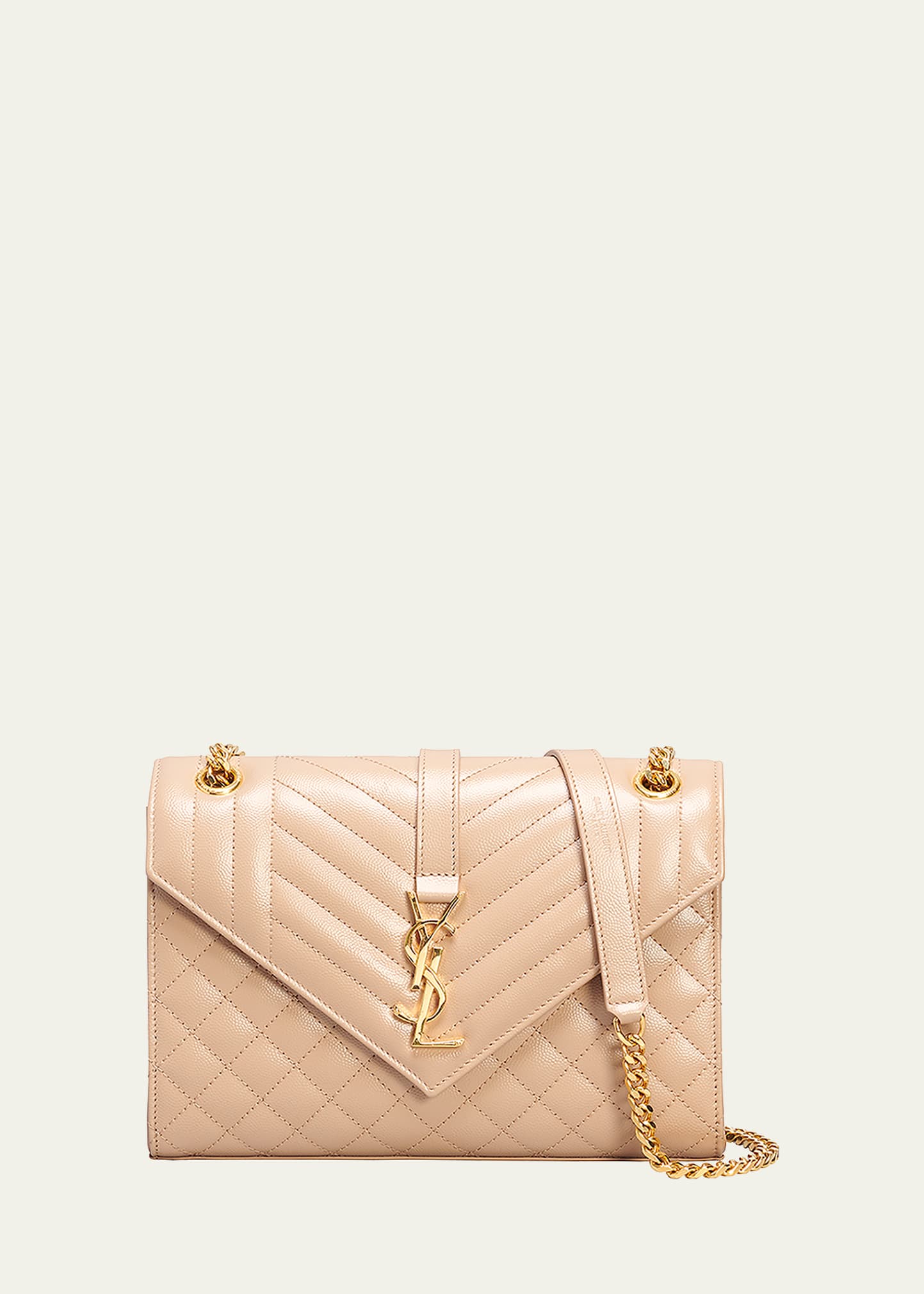 Saint Laurent Medium Tri-quilted Matelasse Grain De Poudre Flap Shoulder Bag, Golden Hardware In Nude