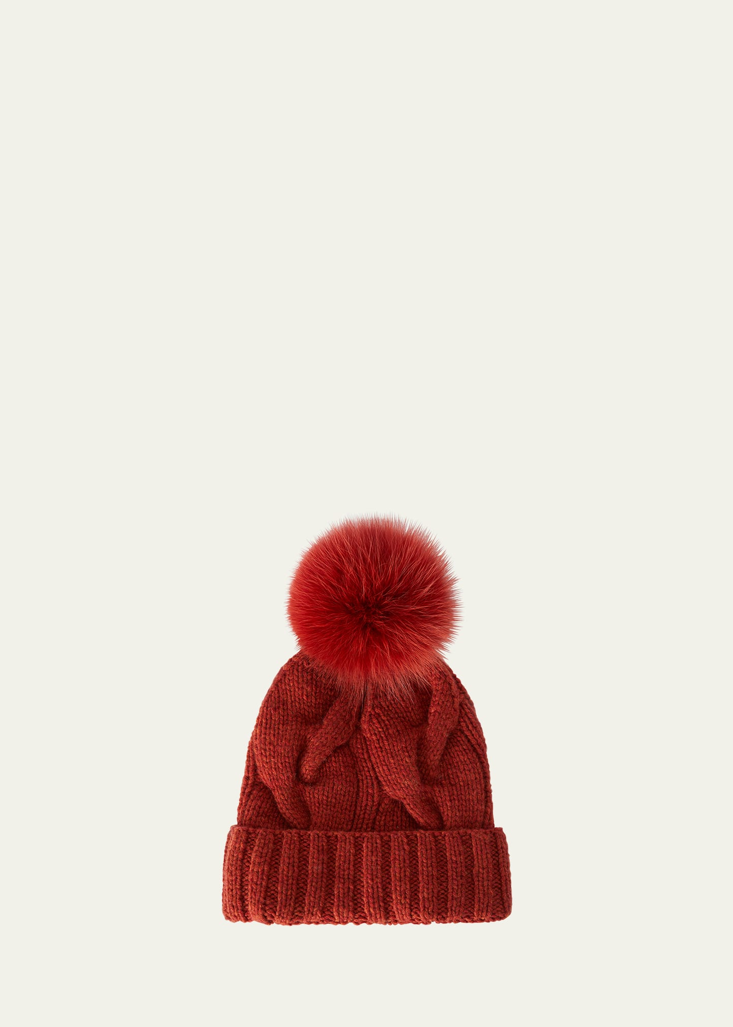 Loro Piana Cashmere Chunky Knit Beanie Hat W/ Fur Pompom In Ruban_velours_rouge_chine