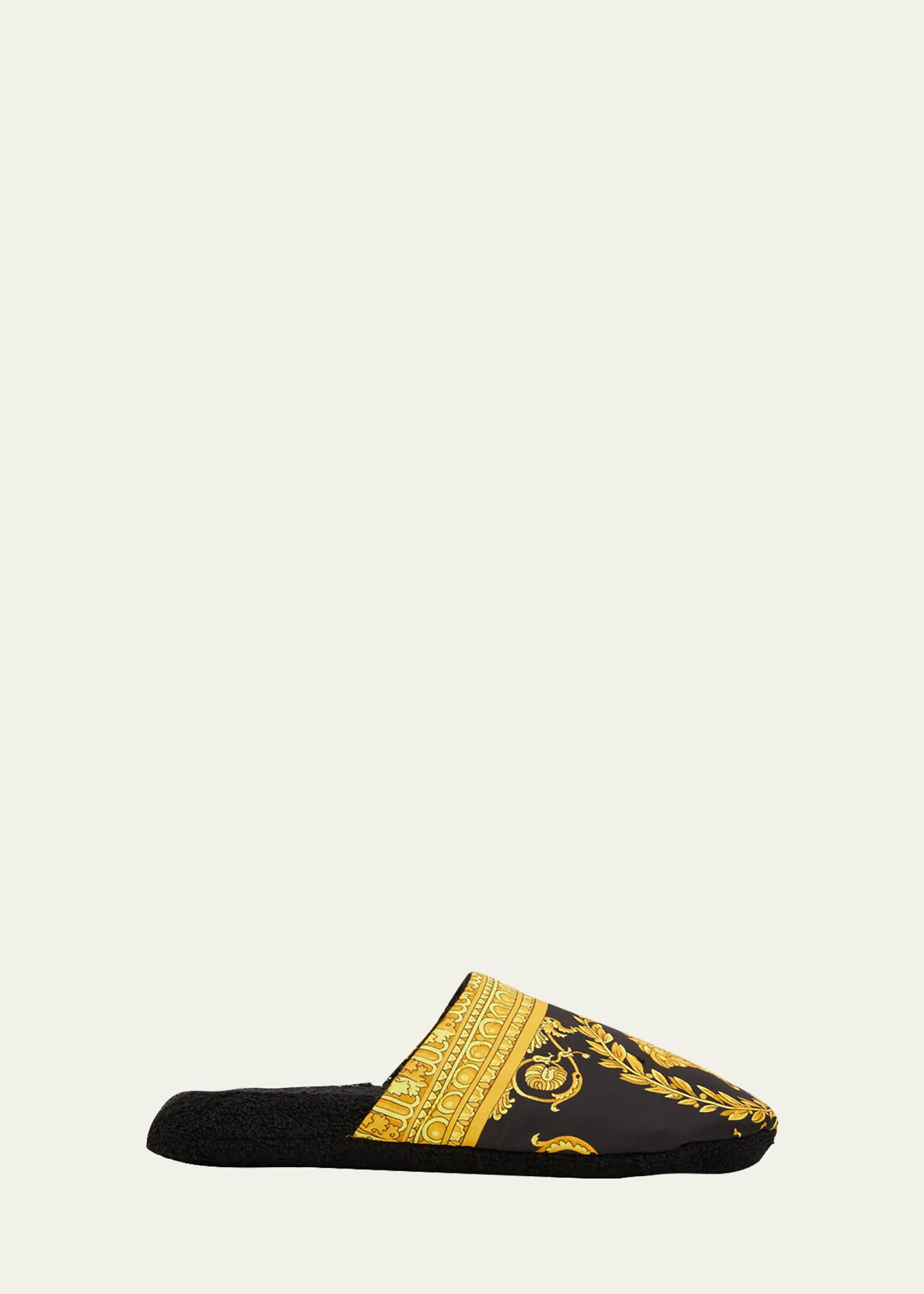Shop Versace Men's Barocco-print Mule Slippers In Black Gold