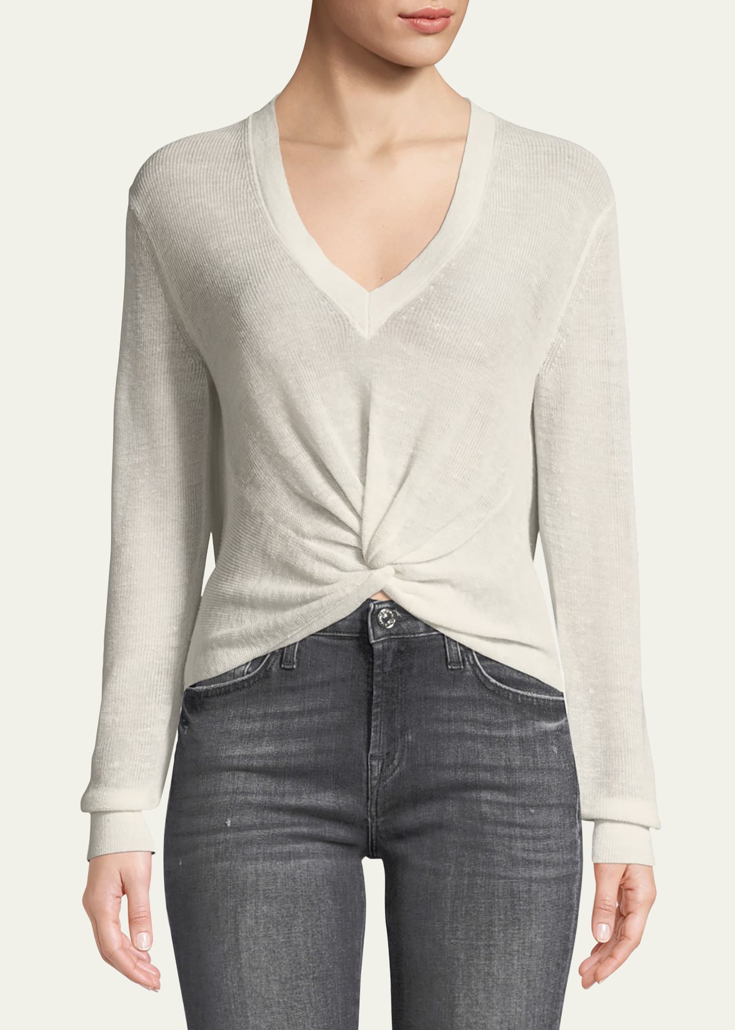 Soren Twist-Front V-Neck Long-Sleeve Rib Sweater