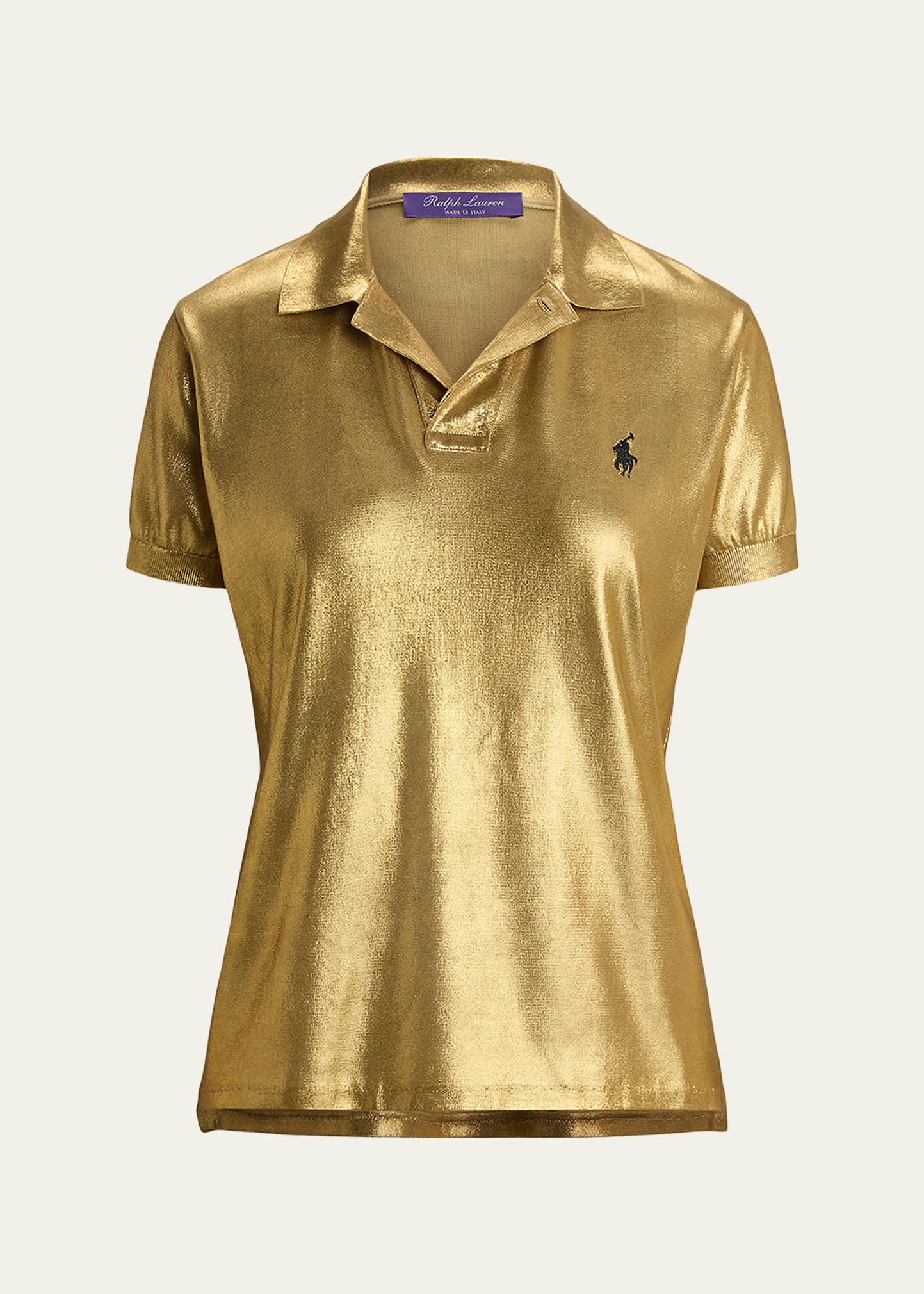 Shop Ralph Lauren Foiled Silk Jersey Polo Sweater In Gold