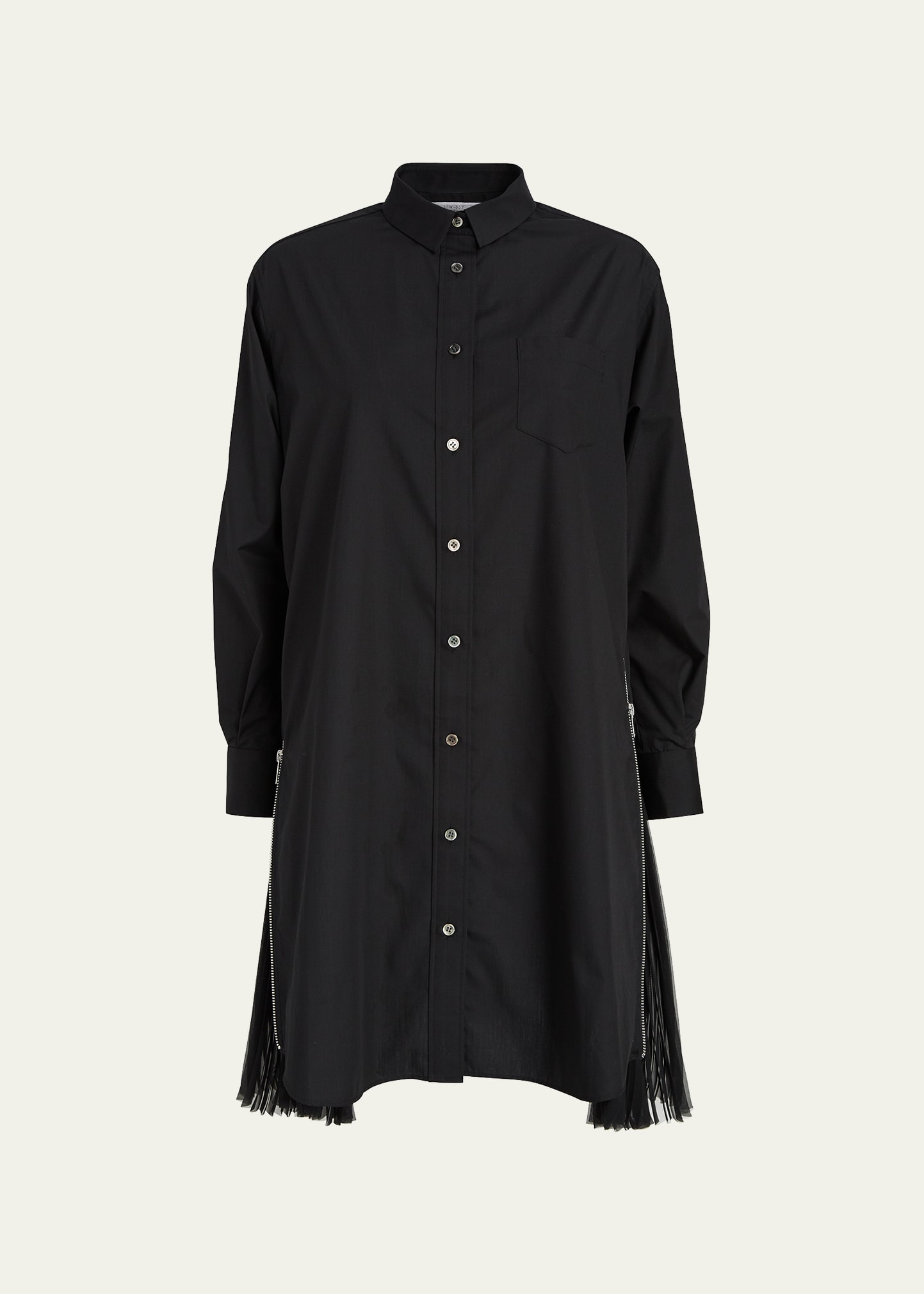 Sacai Pleated-side Long Button-front Shirtdress In Black