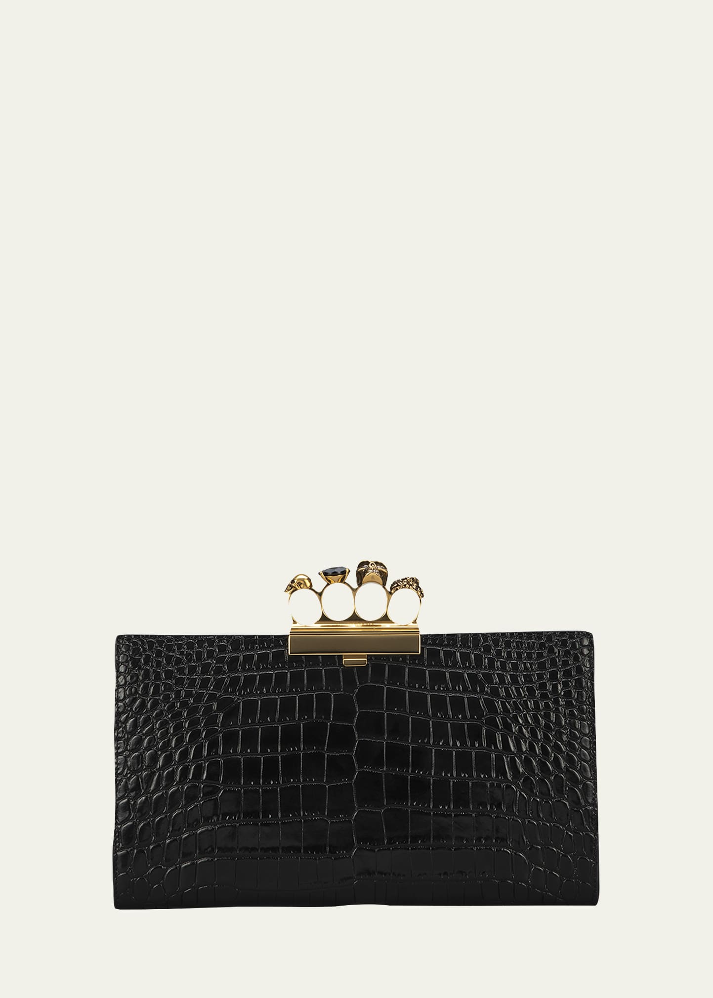 Shop Alexander Mcqueen Four-ring Stamped Crocodile Clutch Bag In Black