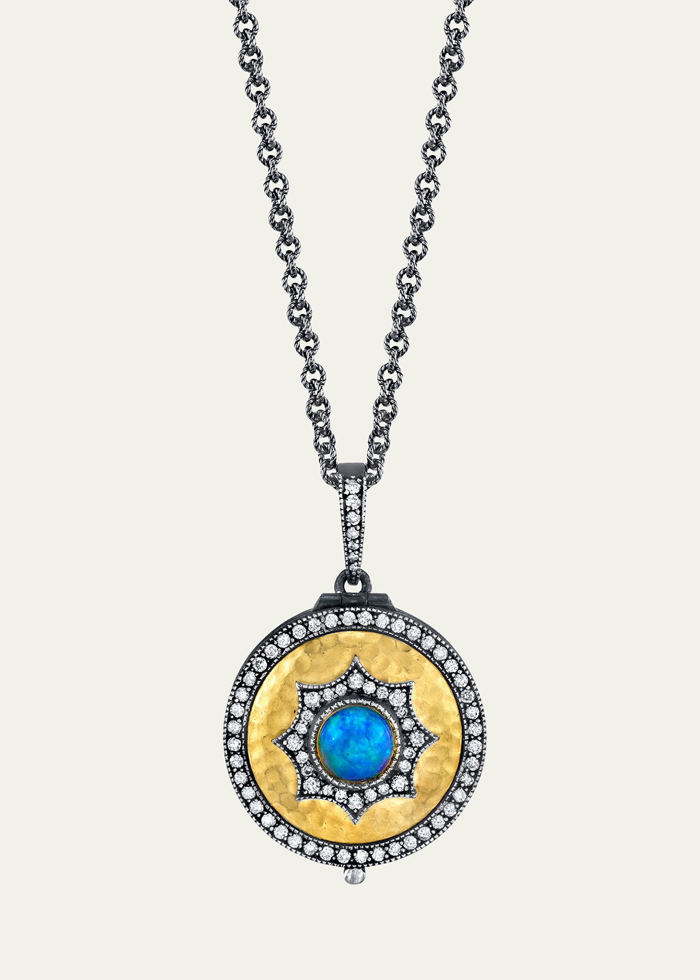 22K Round Opal Flower Locket on Oxidized Silver Chain