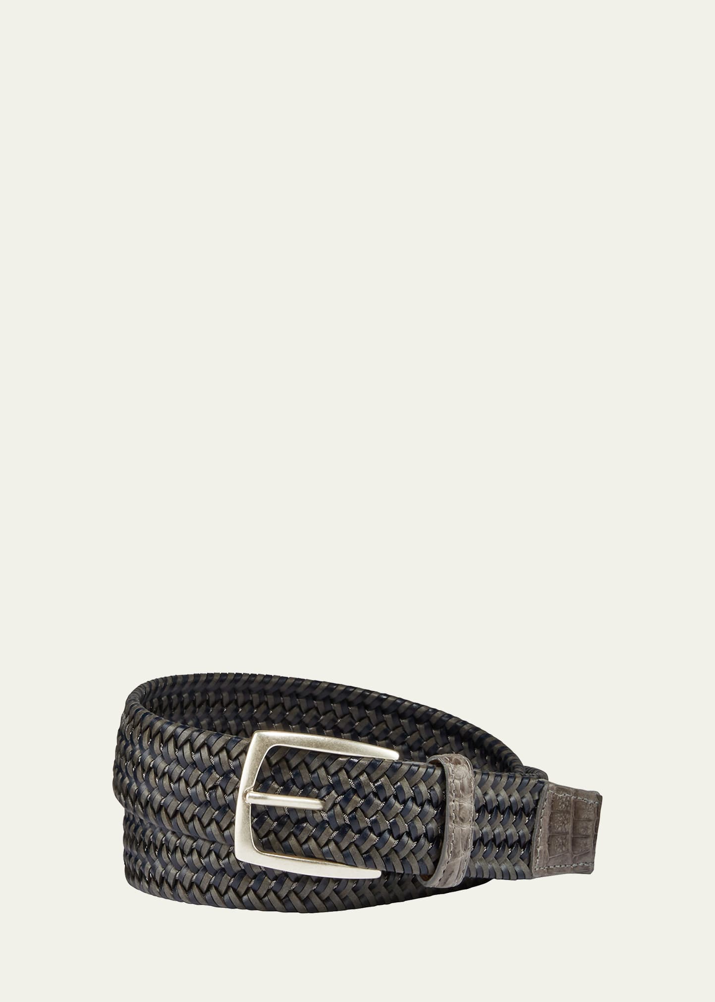 W. KLEINBERG MEN'S WOVEN LEATHER STRETCH BELT WITH CROCODILE TRIM