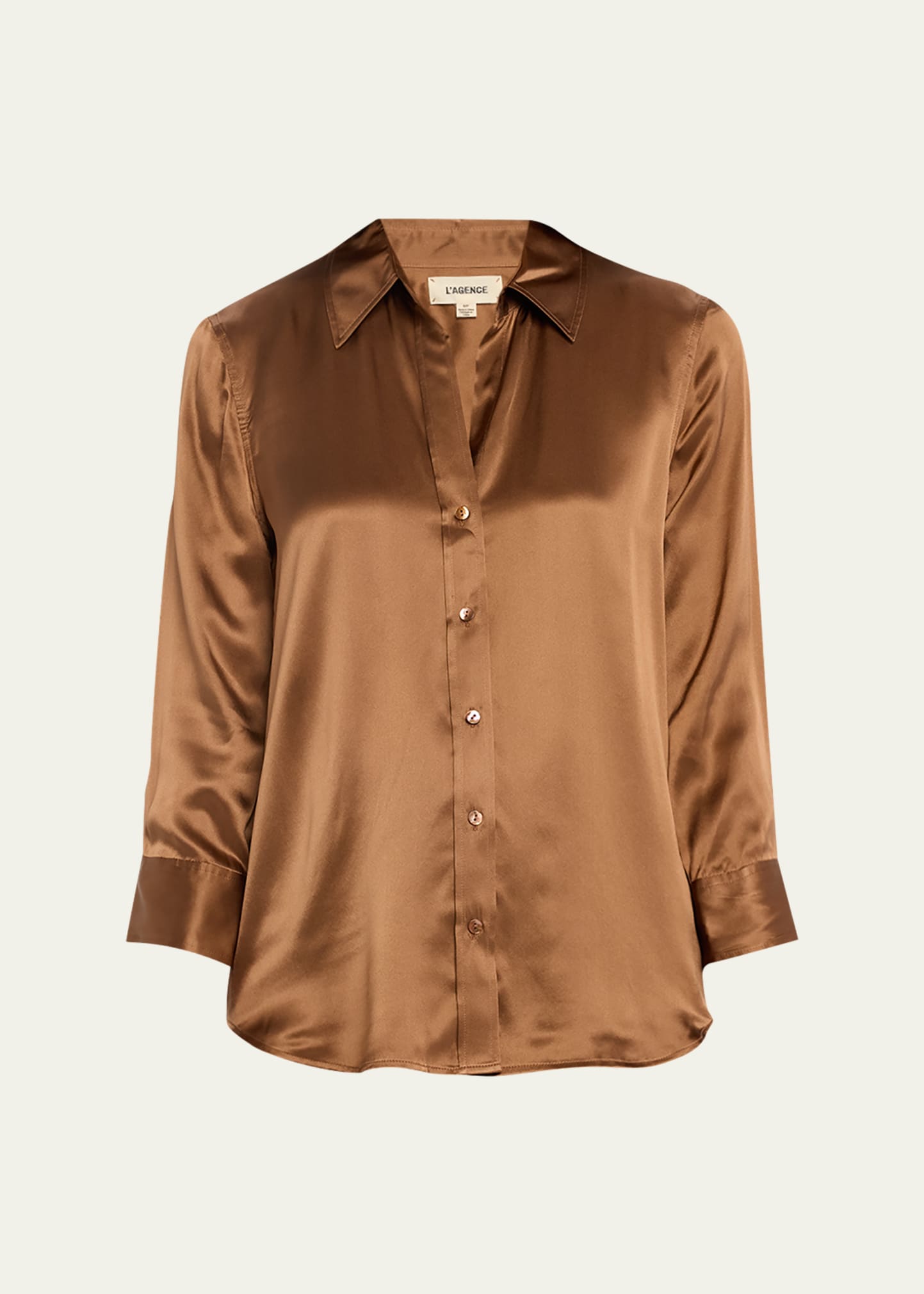 L'agence Dani Silk Satin 3/4-sleeve Button-down Blouse In Fawn