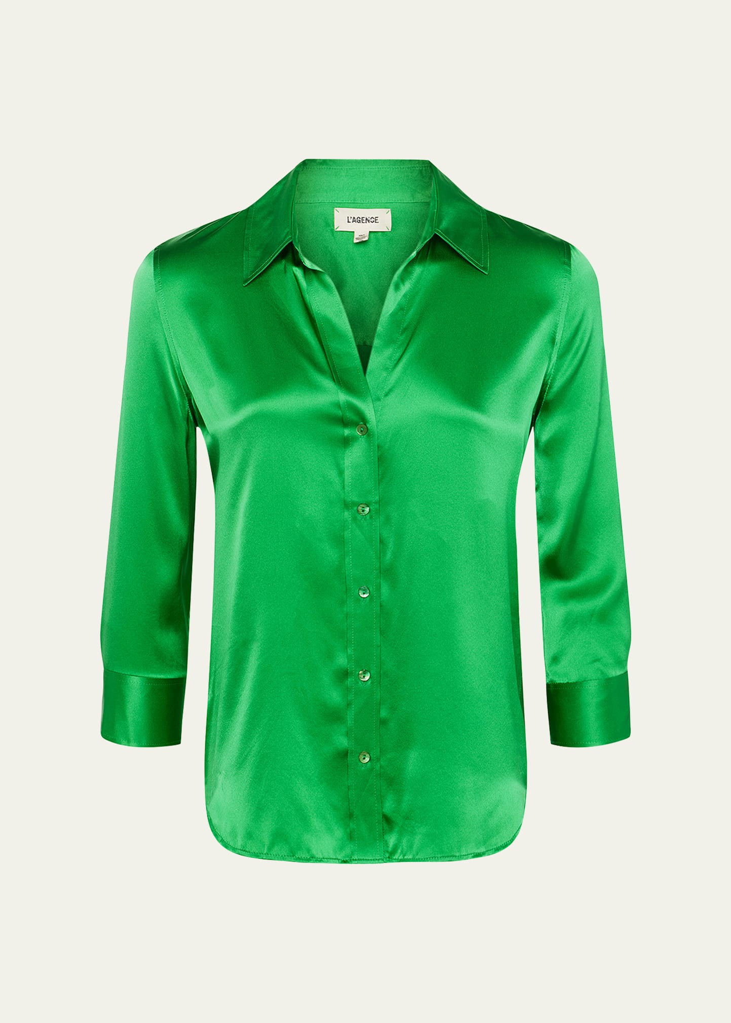L Agence Dani Silk Satin 3/4-sleeve Button-down Blouse In Green