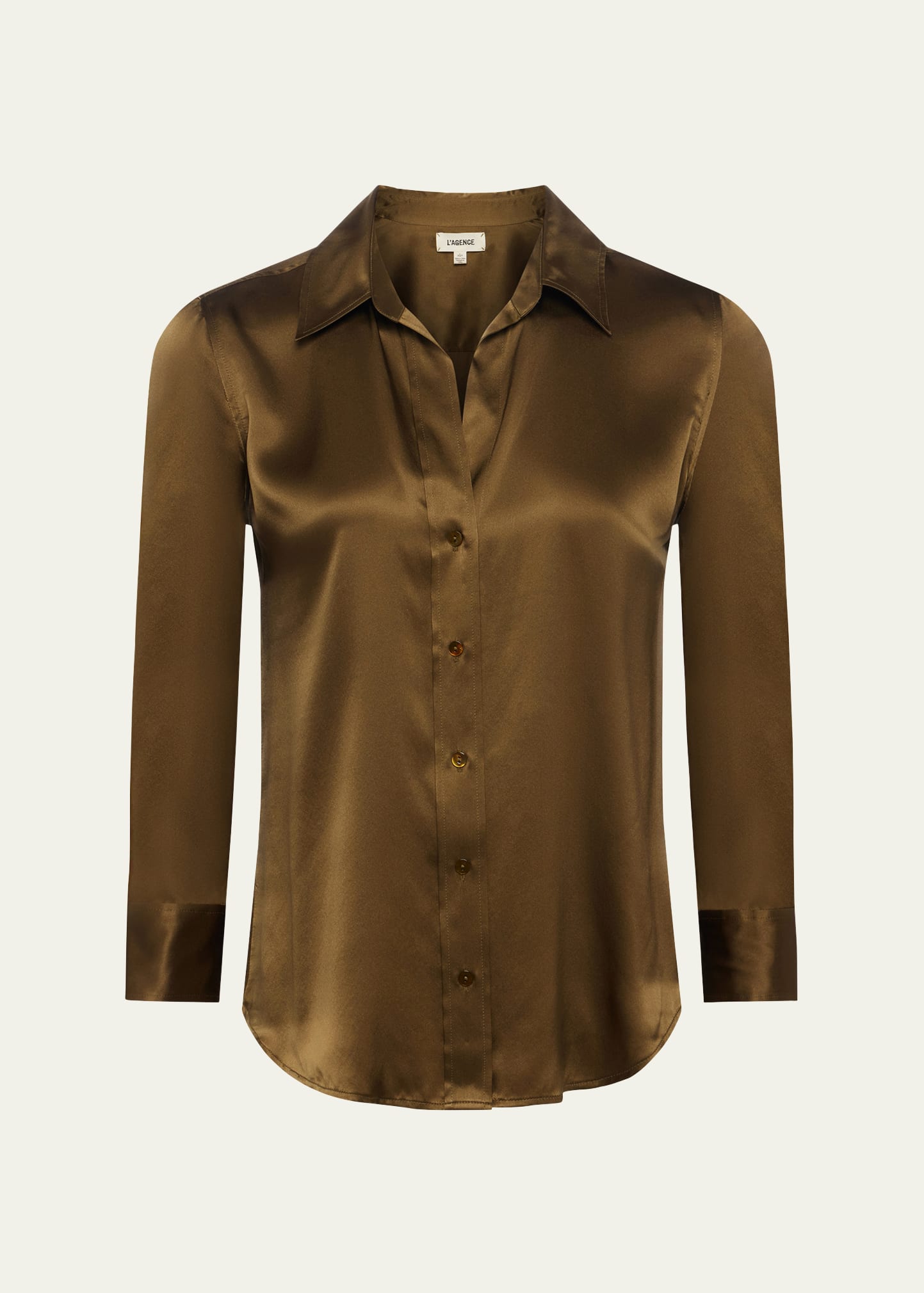 L Agence Dani Silk Satin 3/4-sleeve Button-down Blouse In Pine