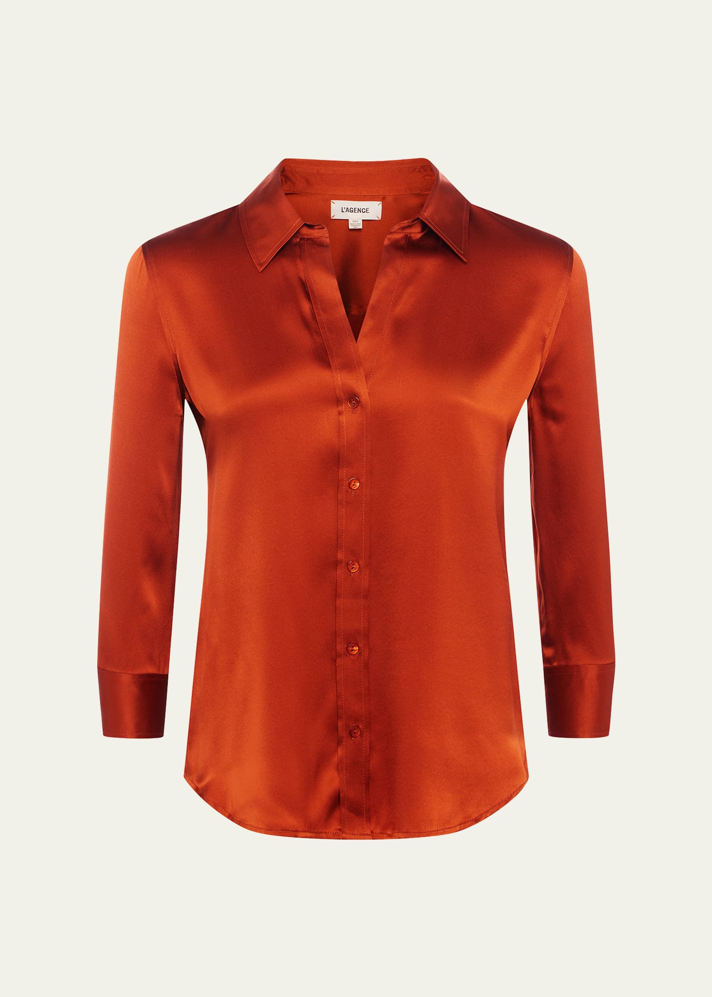 L Agence Dani Silk Satin 3/4-sleeve Button-down Blouse In Orange