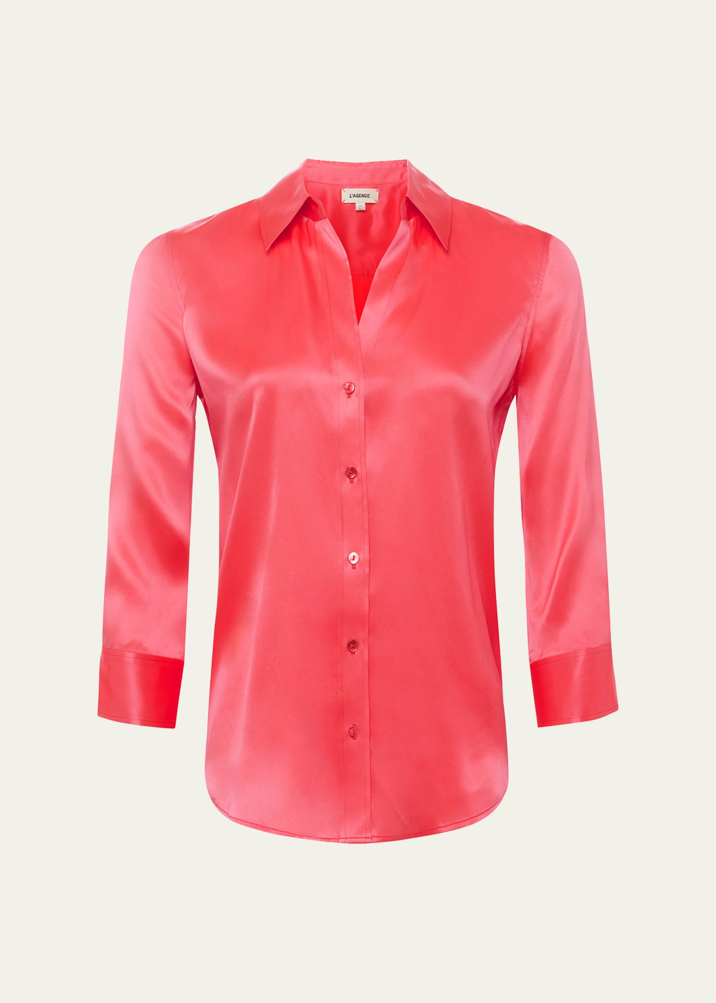 L Agence Dani Silk Satin 3/4-sleeve Button-down Blouse In Neon Coral