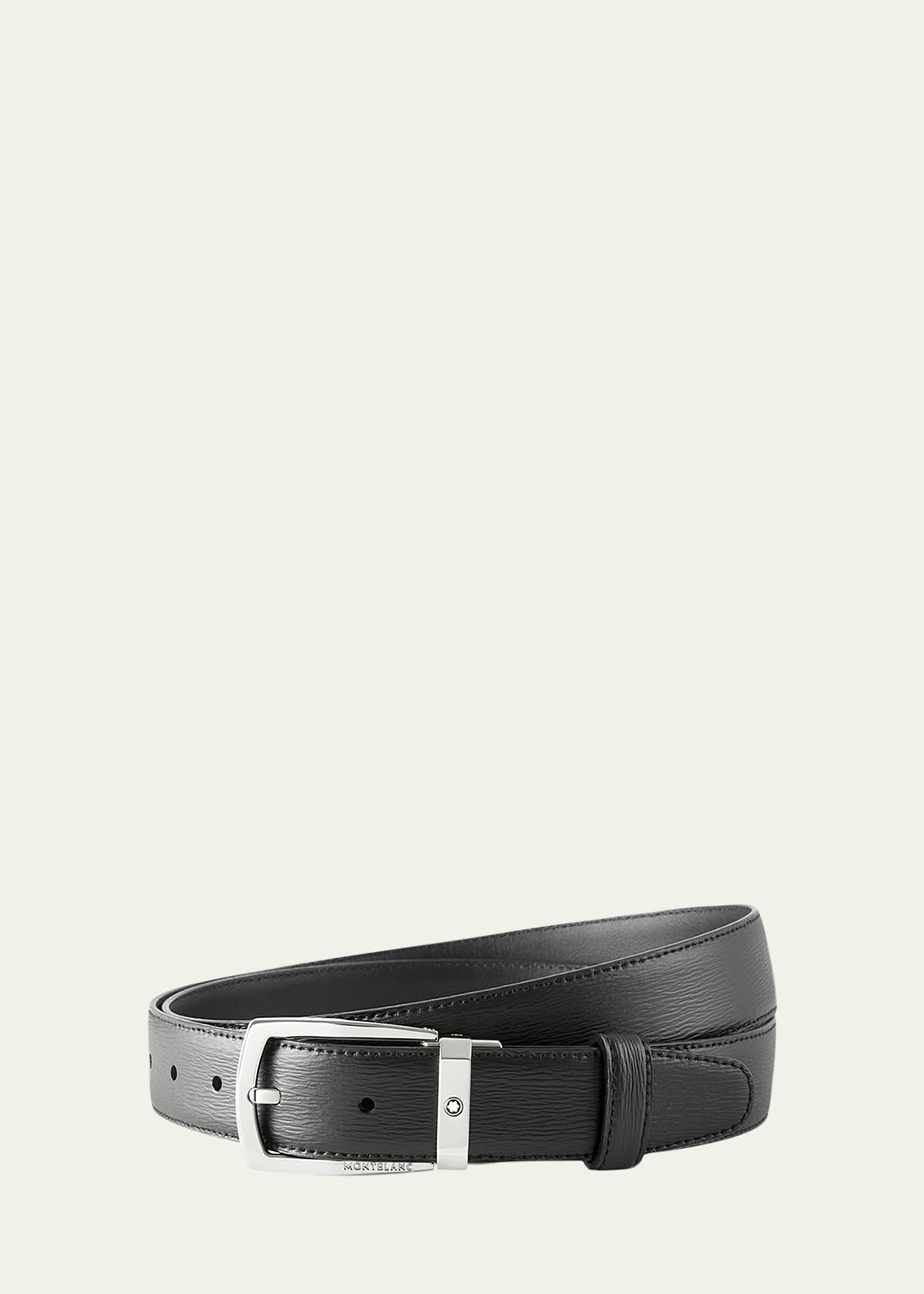 Shop Montblanc Men's Trapeze Textured Cowhide Leather Belt In Black