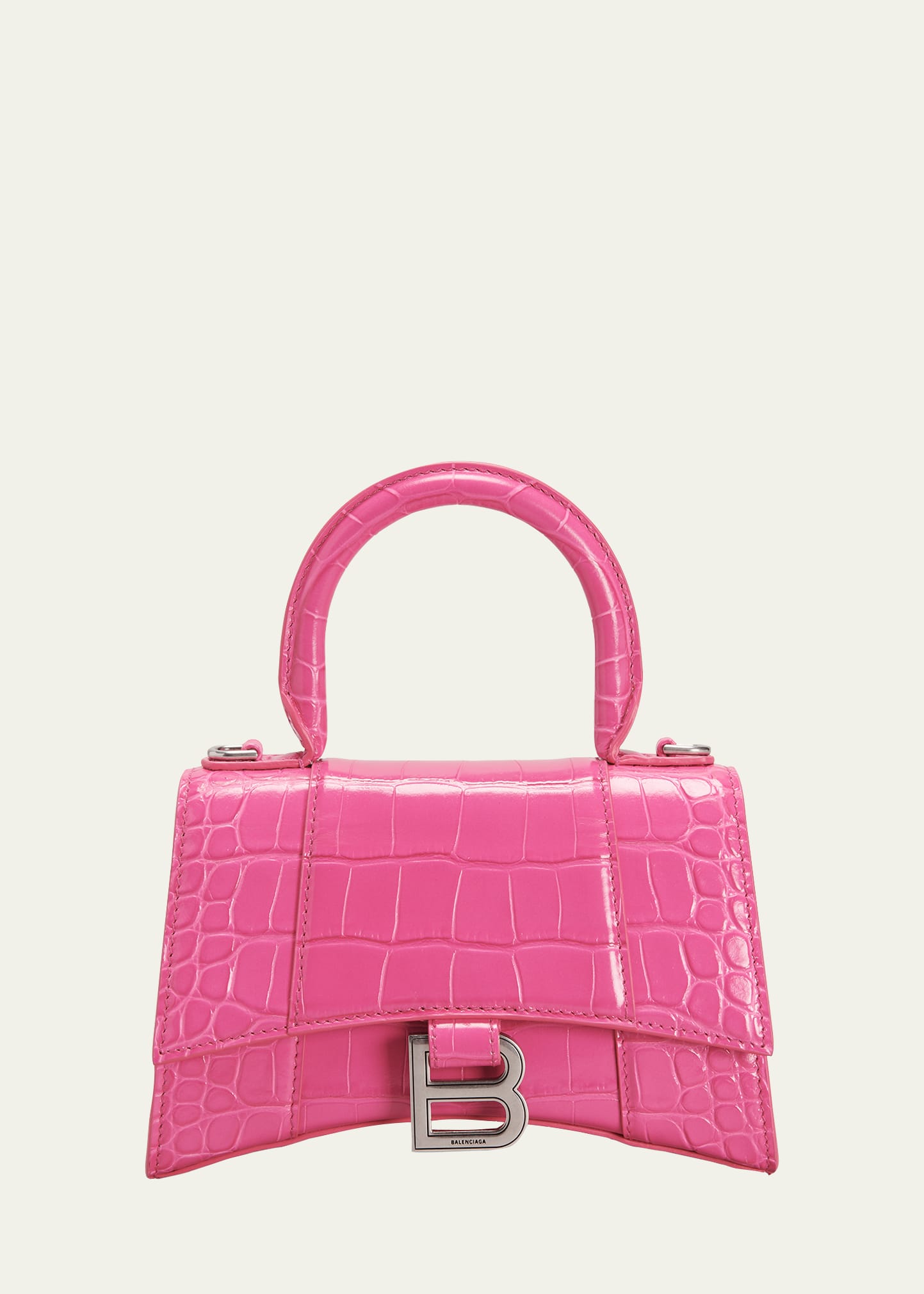 Balenciaga Shiny Calfskin Crocodile Embossed Small Hourglass Top Handle Bag Baby Pink