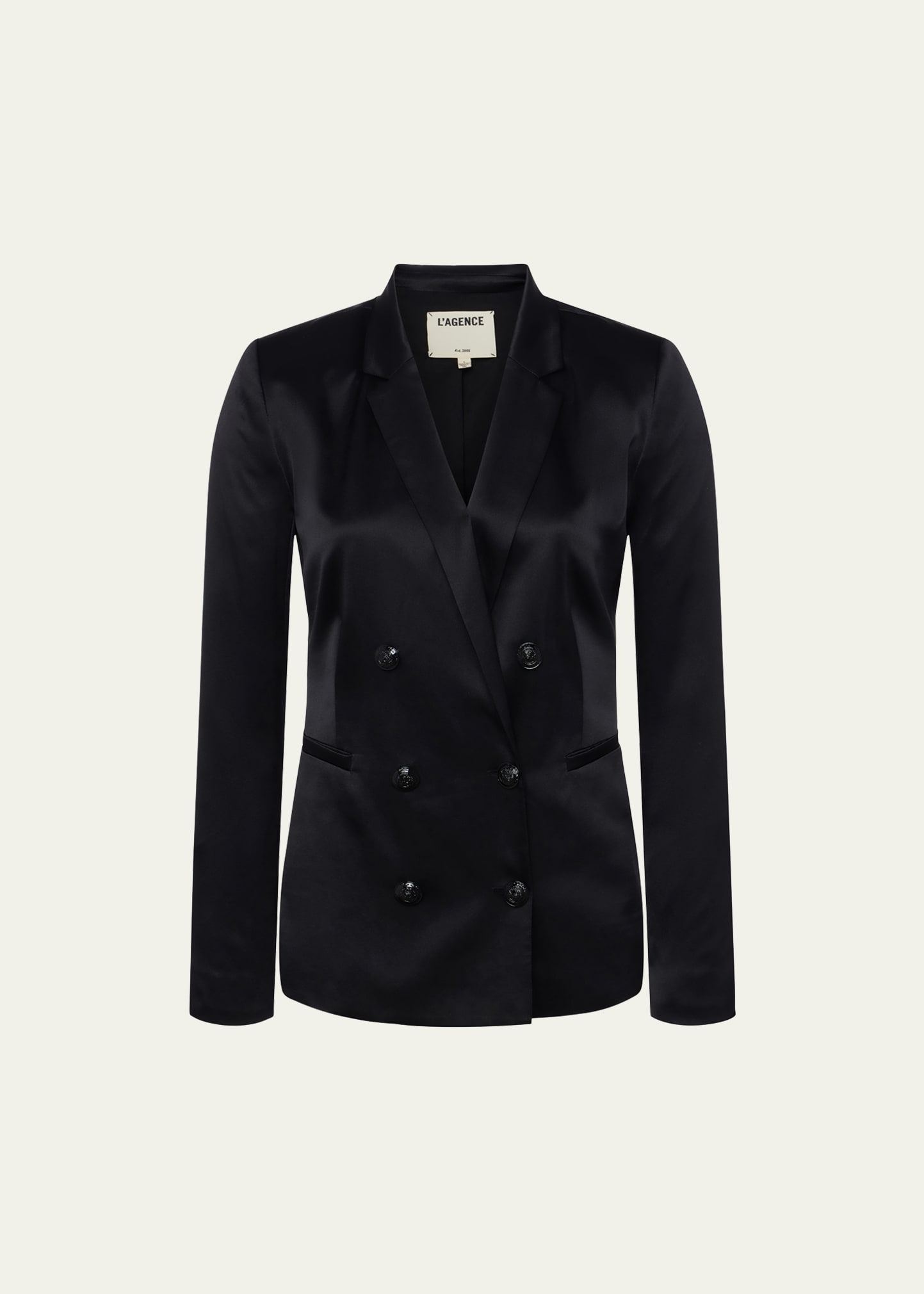 L Agence Silk Satin Double-breasted Blazer In Black