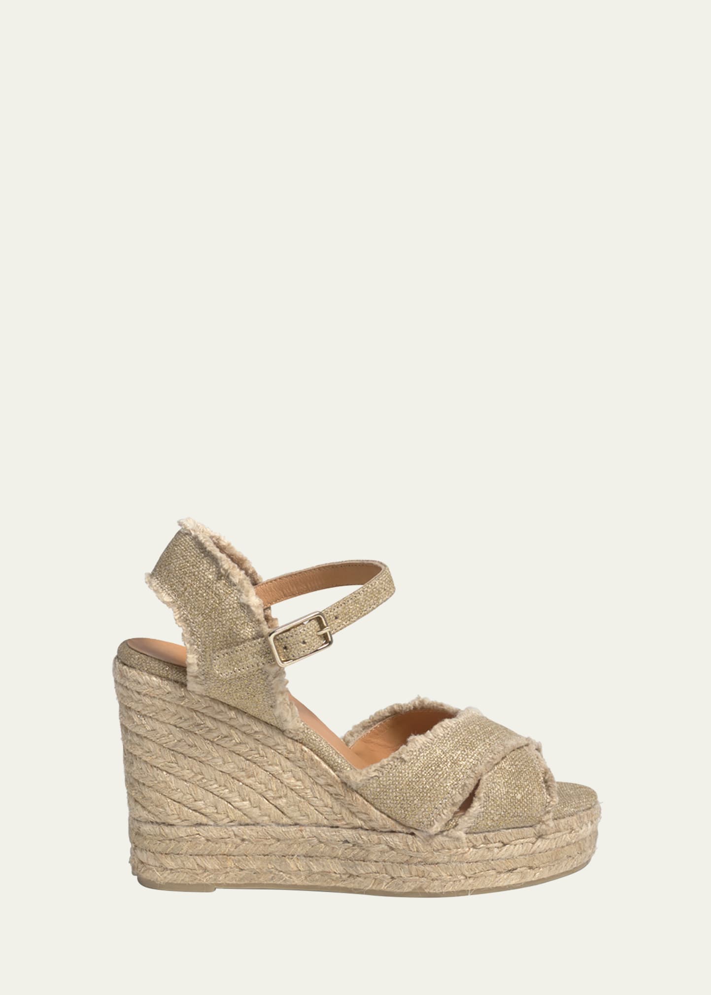 Shop Castaã±er Bromelia 100mm Frayed Wedge Espadrilles In Gold