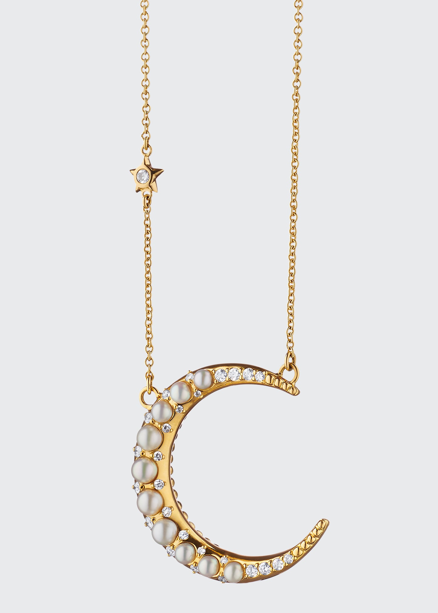 18K Pearl & Diamond Crescent Moon Necklace
