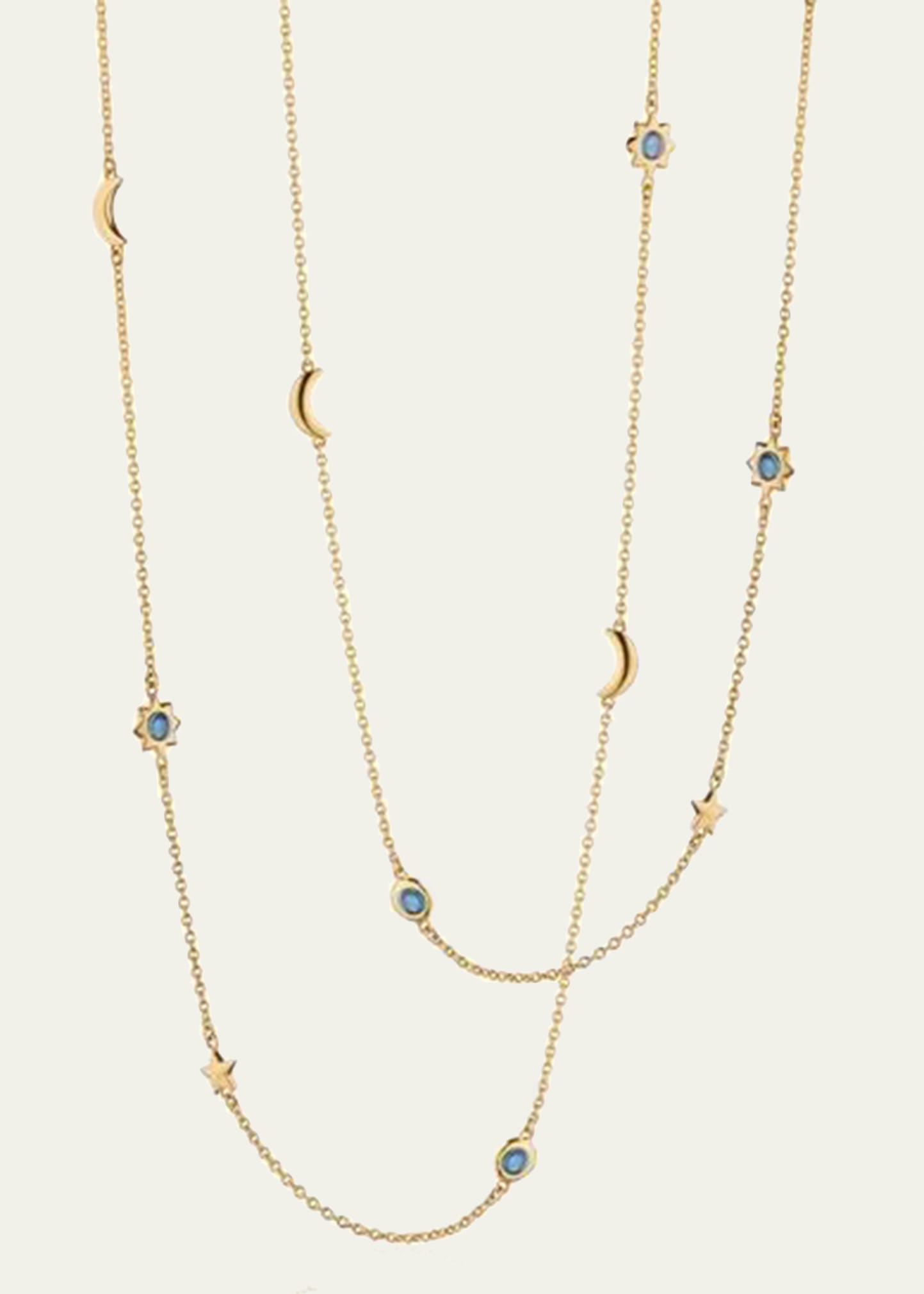 Gold My Sun Moon And Stars Layering Chain With London Blue Topaz Suns And White Diamond Moons And Stars
