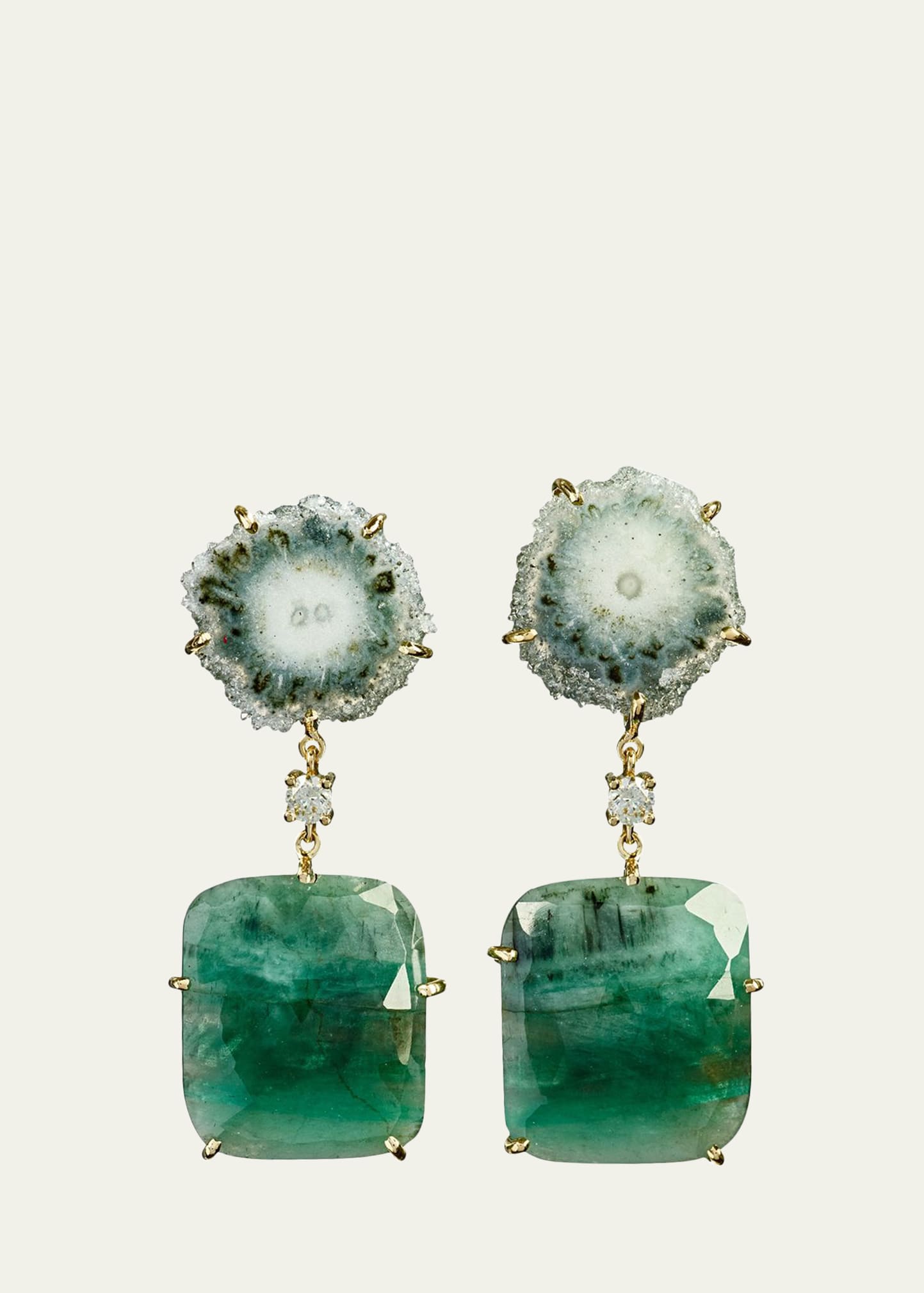 Jan Leslie 18k Bespoke 2-Tier One-of-a-Kind Luxury Earrings w/ Green Stalactite, Faceted Emeralds & Diamonds