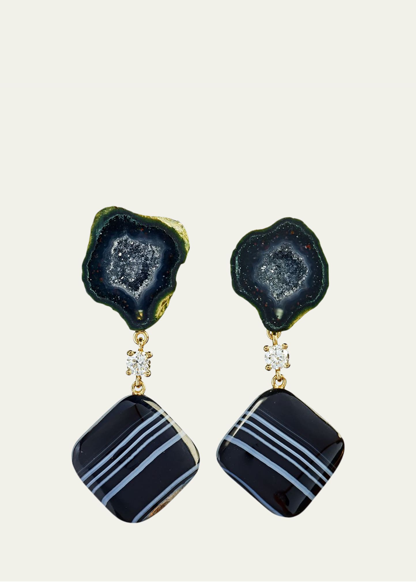 Jan Leslie 18k Bespoke 2-Tier One-of-a-Kind Luxury Earrings w/ Black Tabasco Geode w/ Agate Druzy, Tuxedo Agate & Diamonds