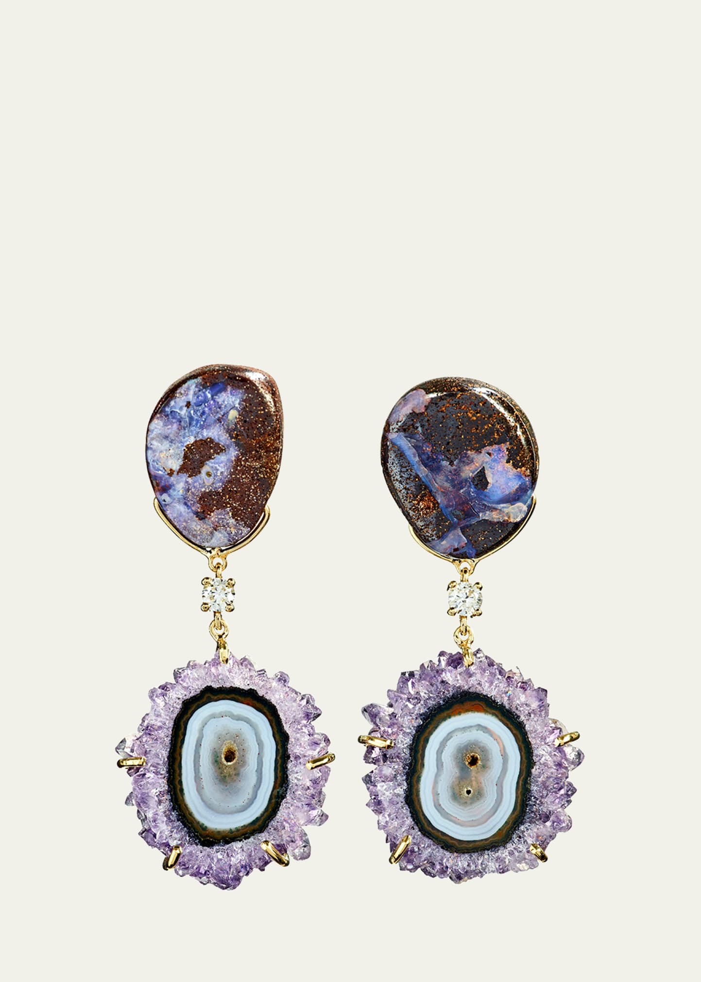 Jan Leslie 18k Bespoke 2-Tier One-of-a-Kind Luxury Earrings w/ Natural Boulder Opal, Stalactite & Diamonds