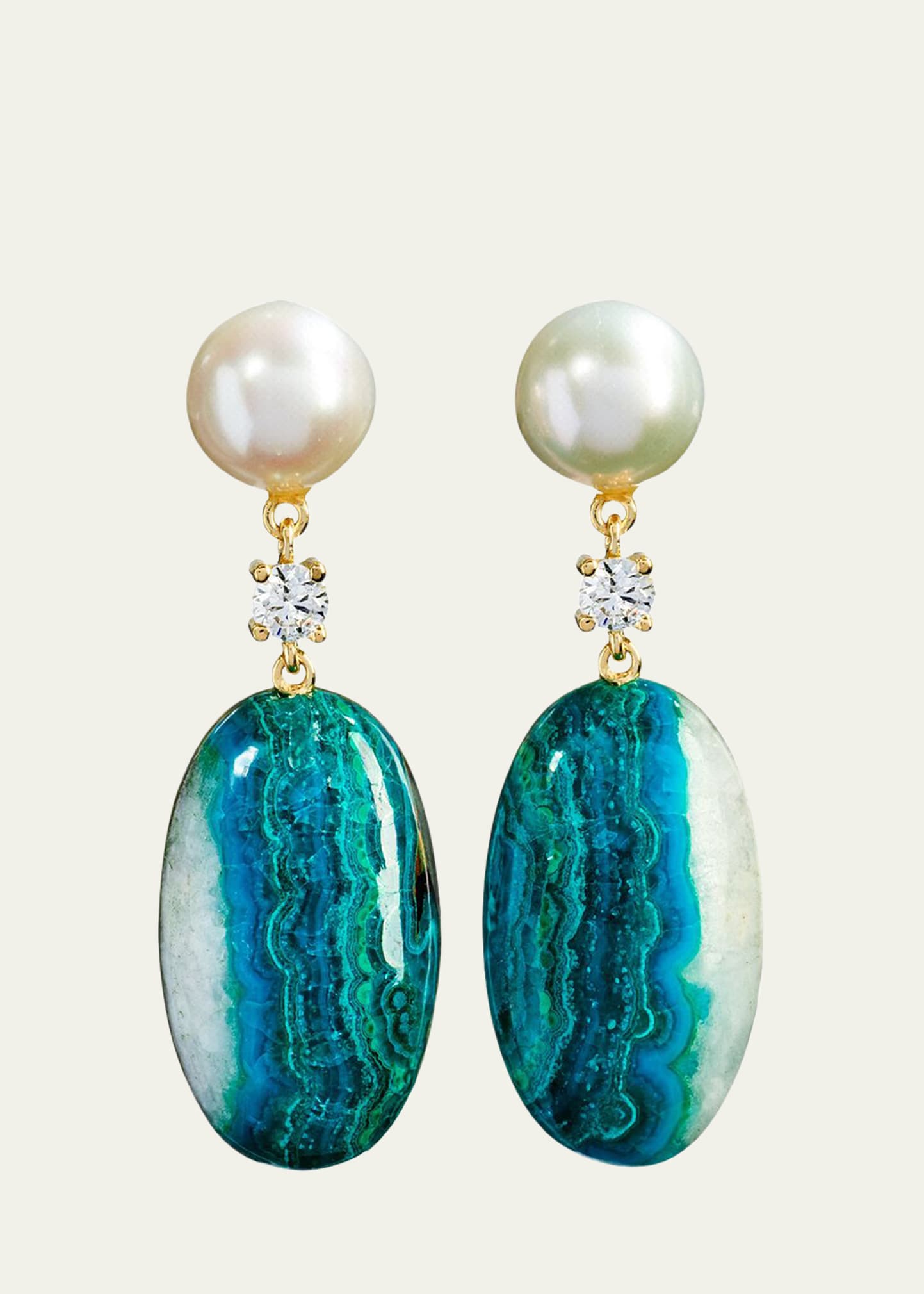 Jan Leslie 18k Bespoke 2-Tier One-of-a-Kind Luxury Earrings w/ Pearl, Chrysocolla Quartz Malachite & Diamonds