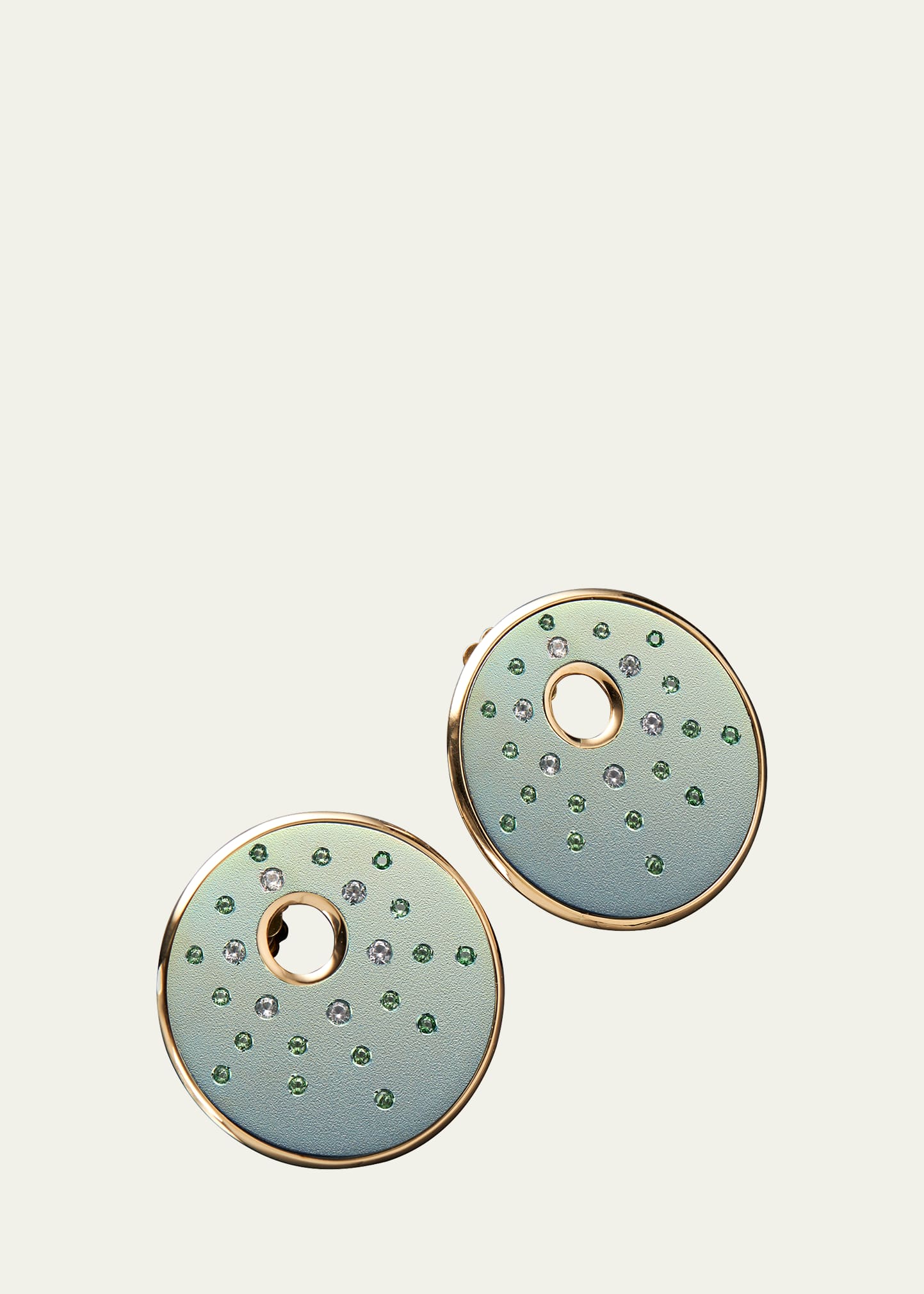Faraone Mennella Green 18K Gold Titanium Disc Earrings with White Sapphires and Tsavorites, Small