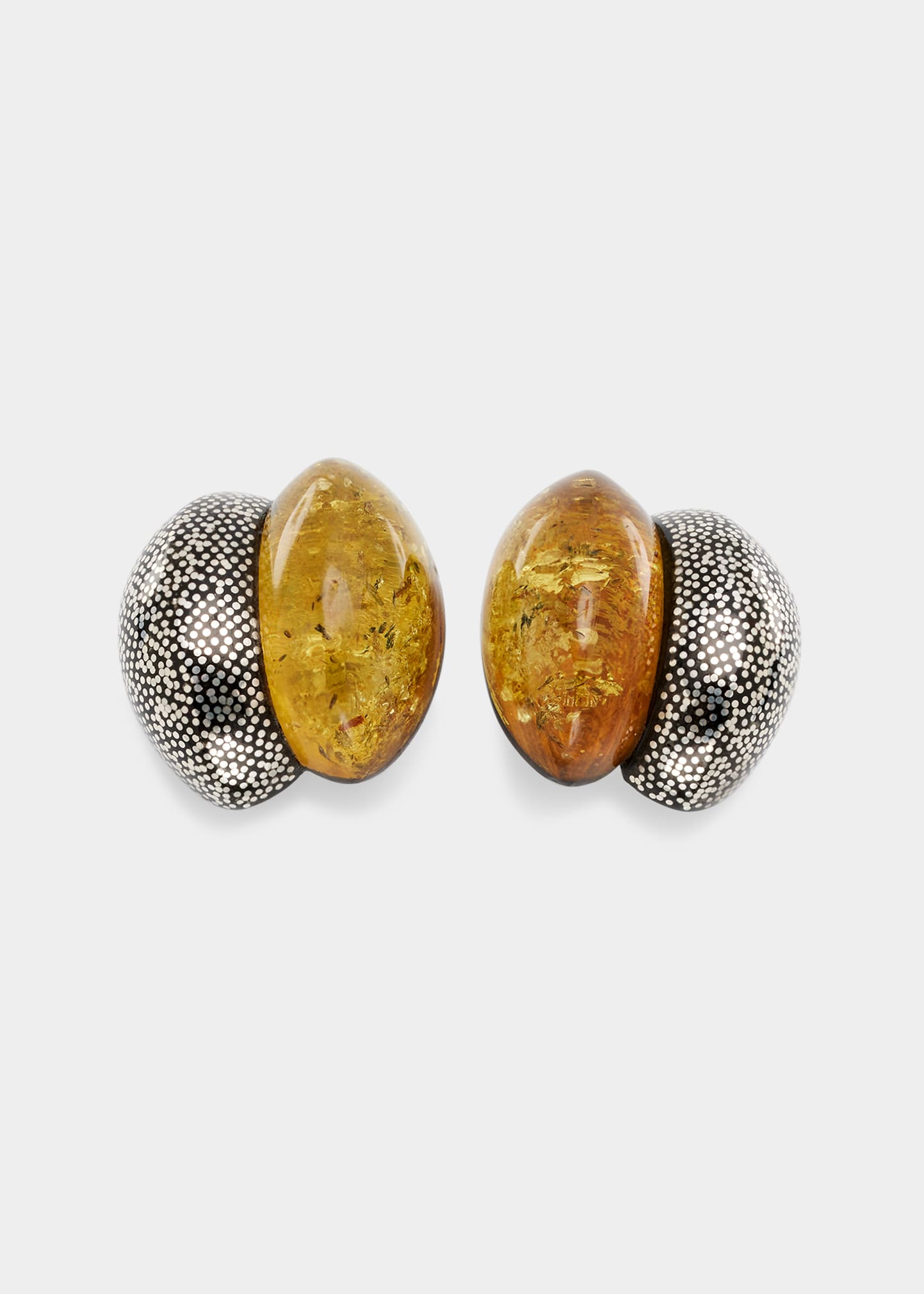 Amber, Ebony and Silver Double Scroll Clip Earrings