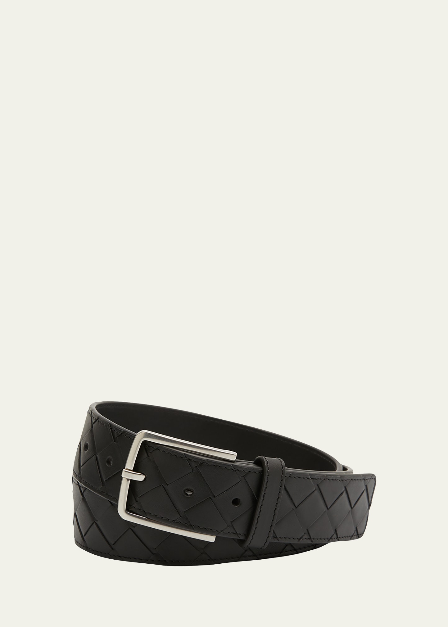 Bottega Veneta Men's Cintura Intrecciato Leather Belt In Black Silver