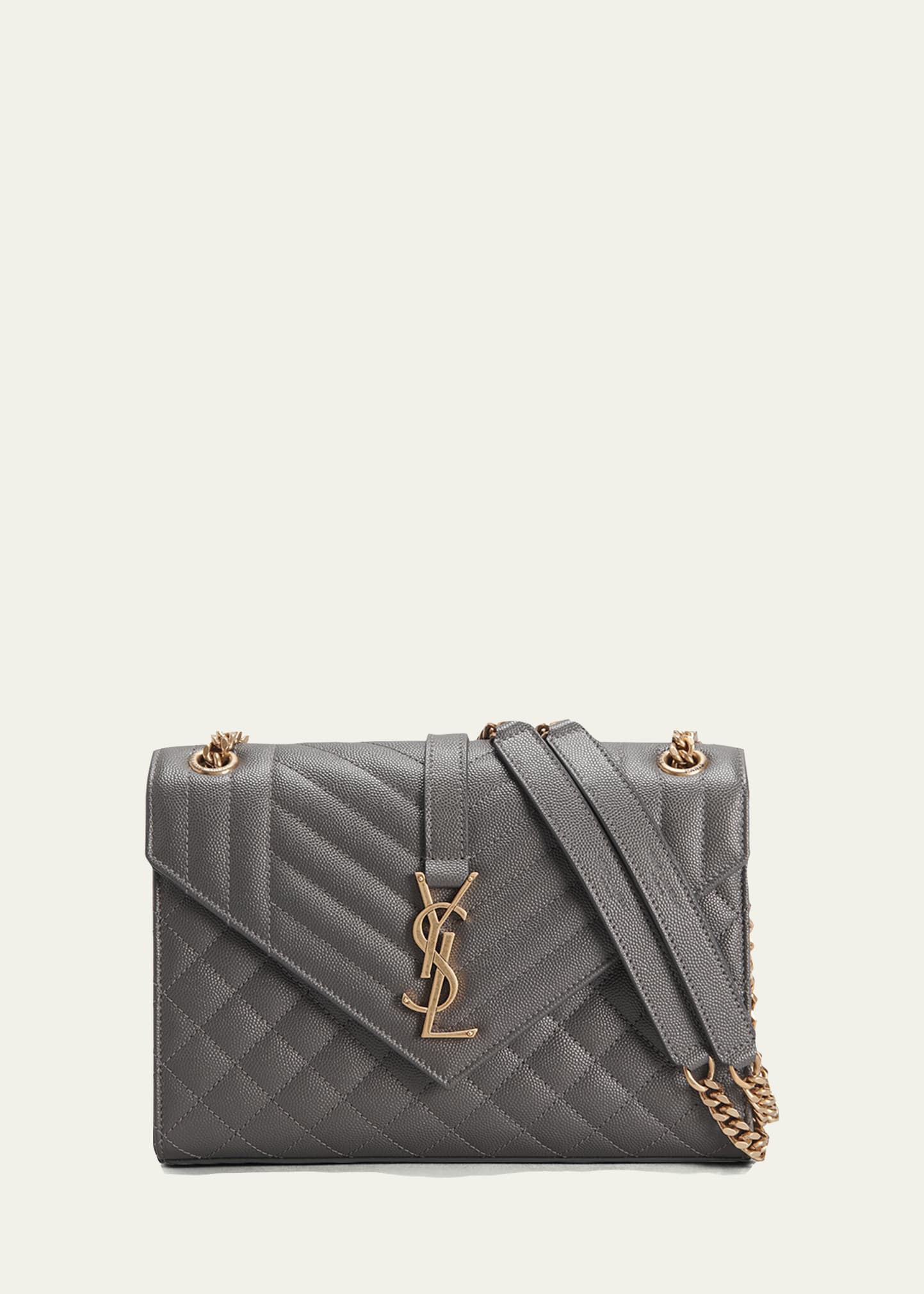 Saint Laurent Triquilt Medium Ysl Monogram Grain De Poudre V Flap Satchel Bag - Golden Hardware In 1112 Storm