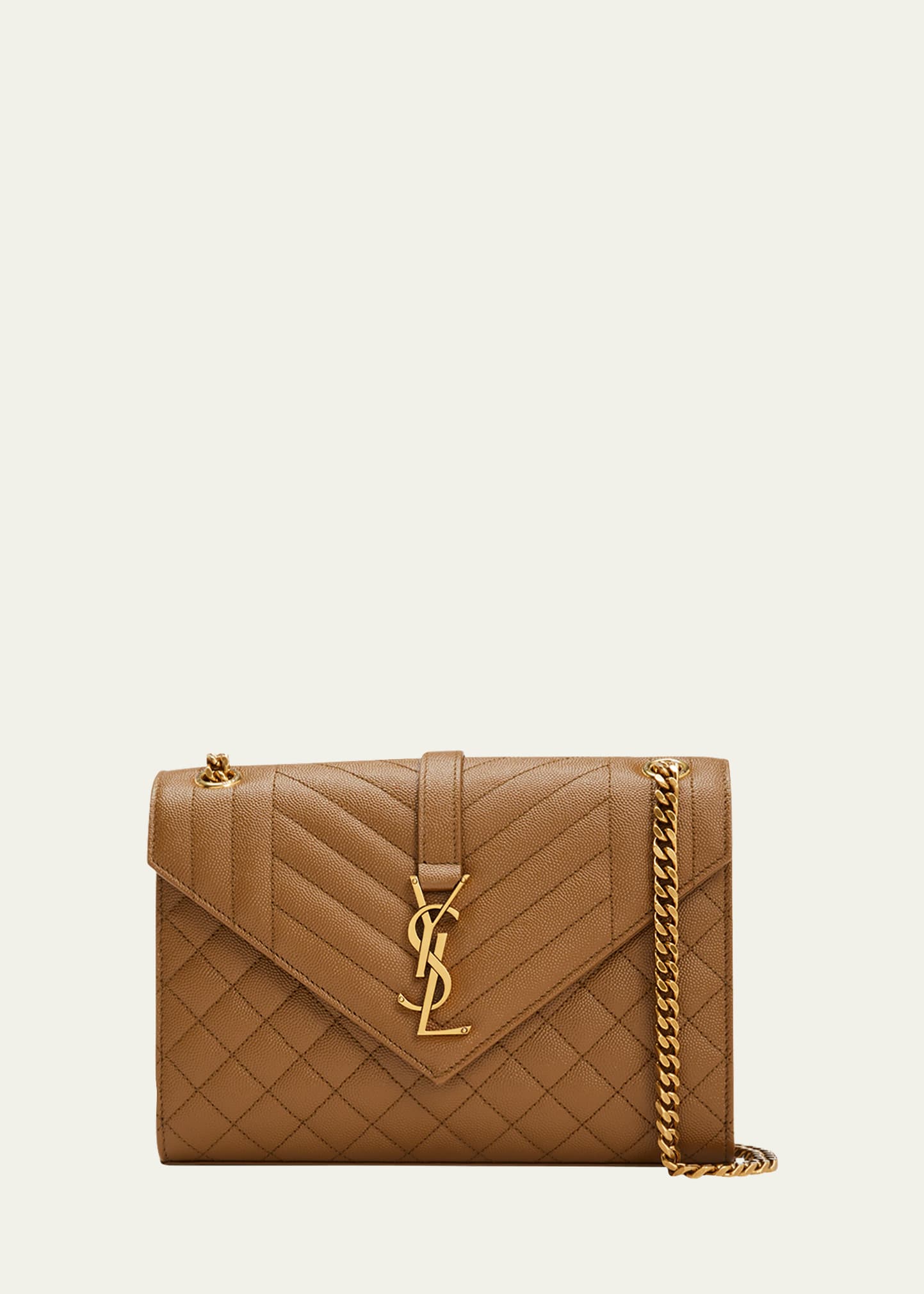 Saint Laurent Triquilt Medium Ysl Monogram Grain De Poudre V Flap Satchel Bag - Golden Hardware In Old Oil