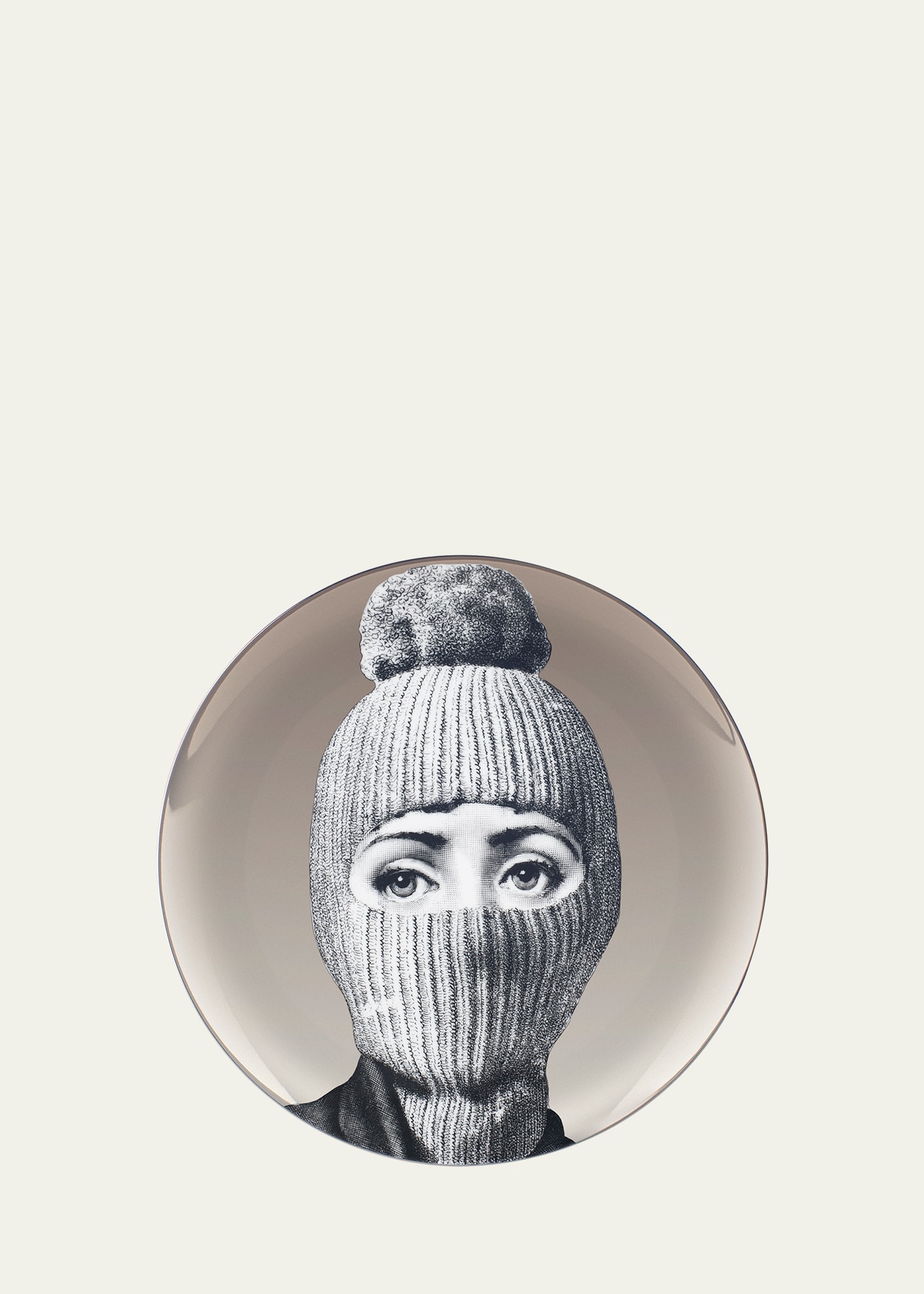 Fornasetti Tema E Variazioni N. 160 Balaclava With Pom Pom Platinum Wall Plate In Black Pattern