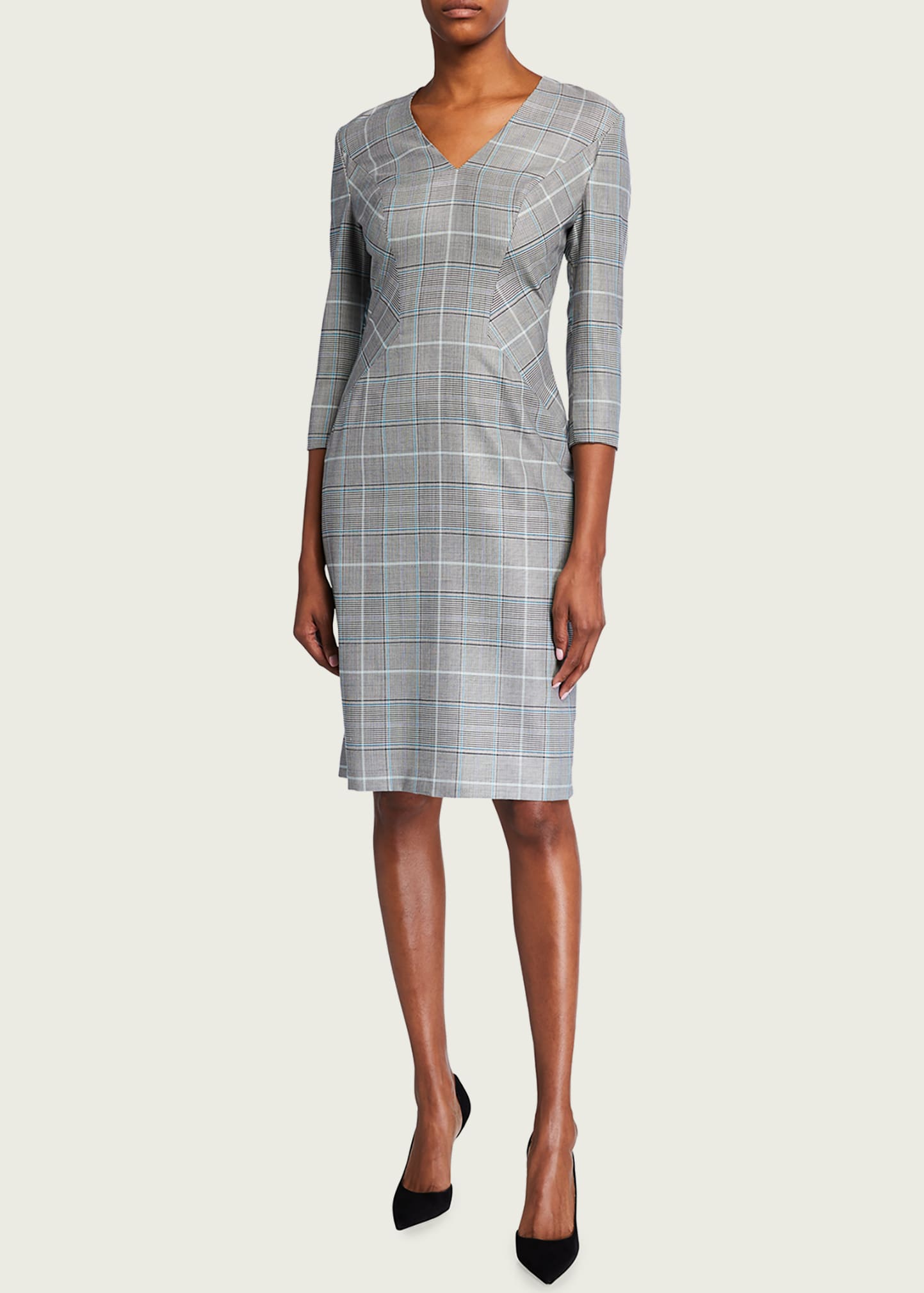 Escada Mixed-Check Wool-Silk 3/4-Sleeve Dress