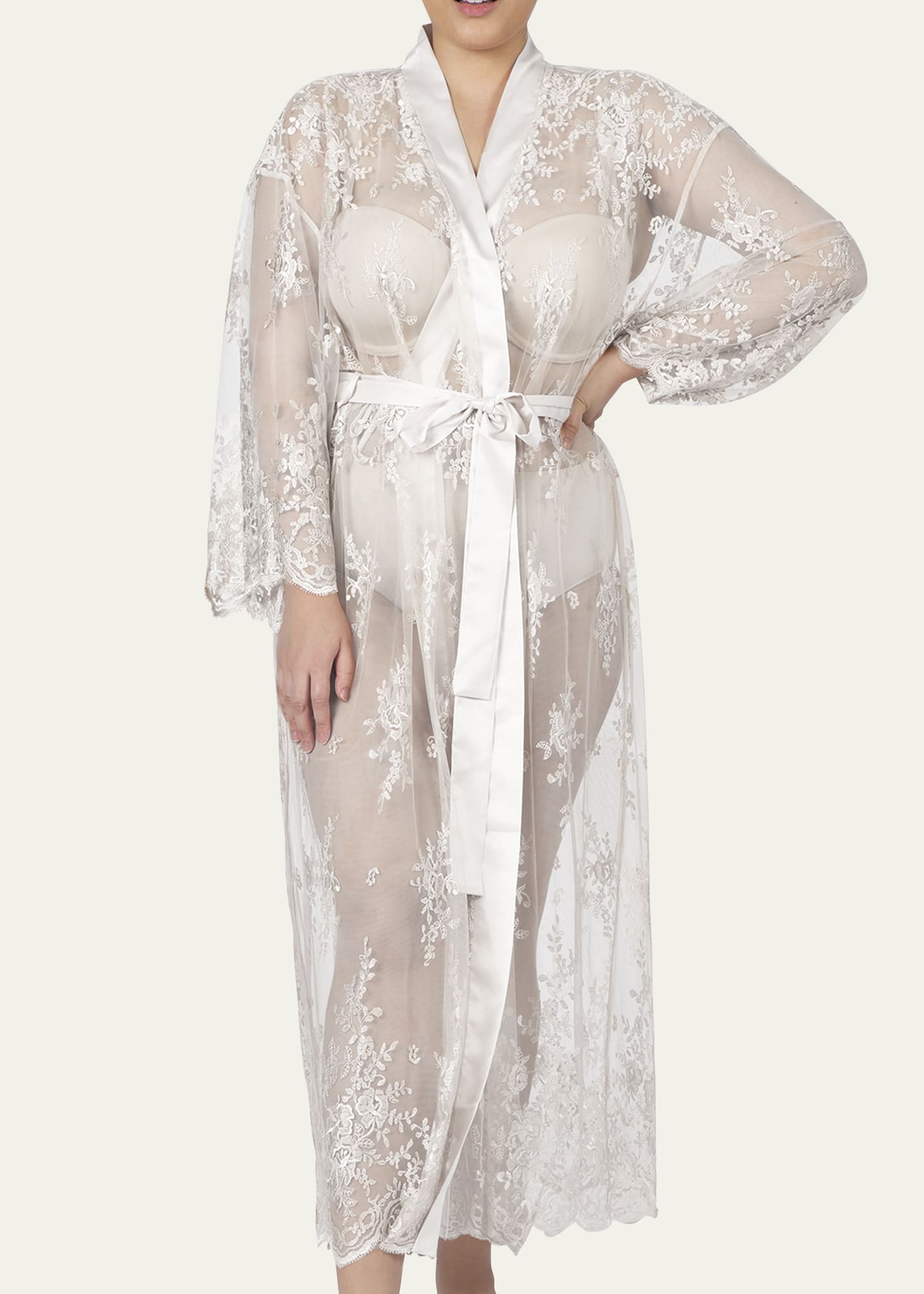 Rya Collection Plus Size Darling Long Embroidered Lace Robe In Champagne