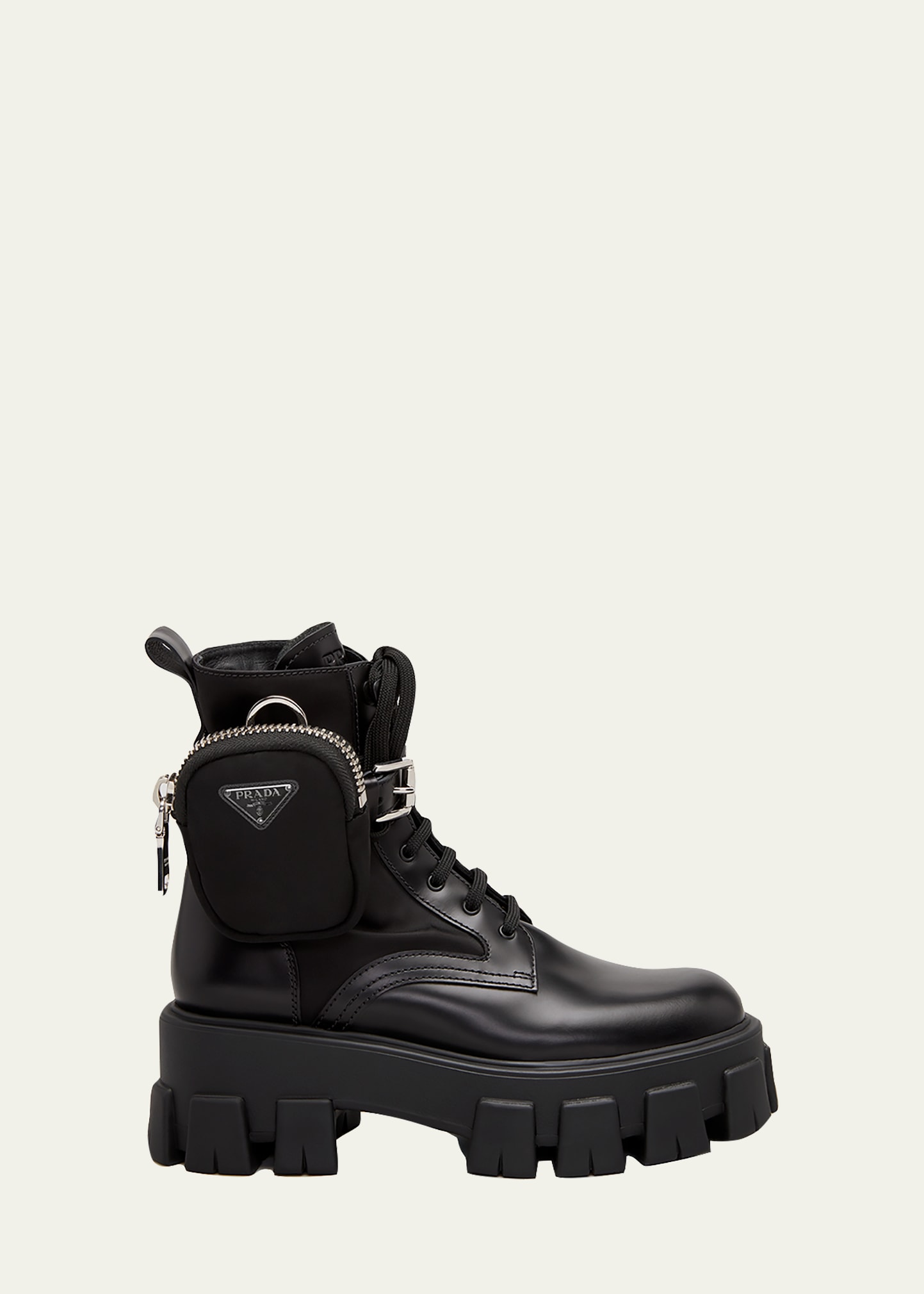 Prada Leather Zip Pocket Combat Booties In Black