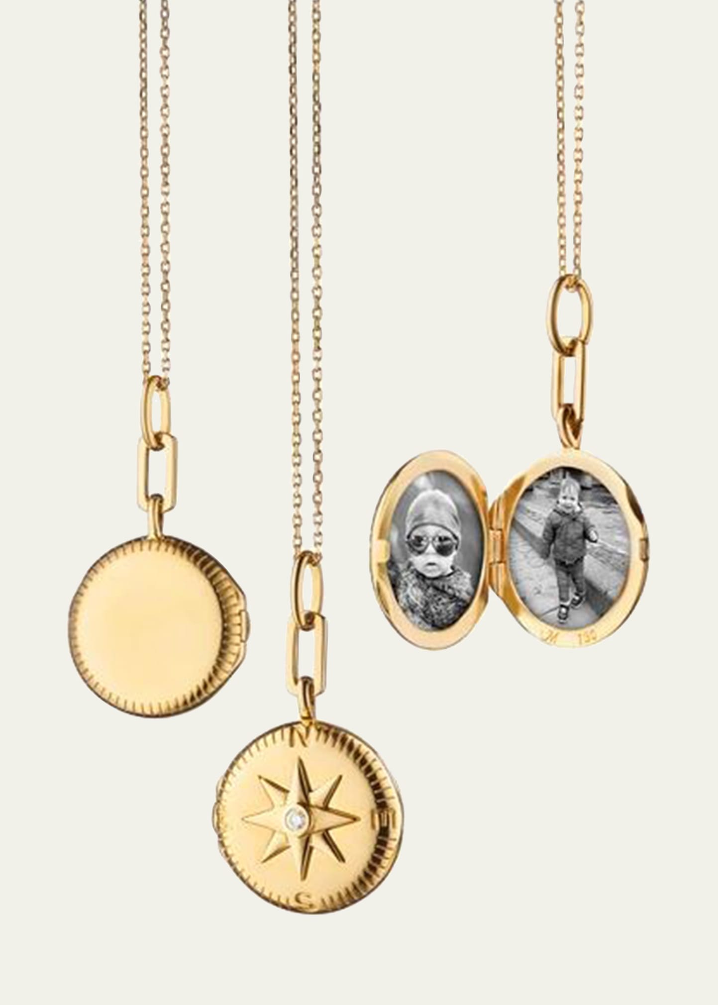 Gold Round Compass Locket w/ Center White Diamond On A 17 Diamond Cut Disappearing Chain w/ Loop At 16