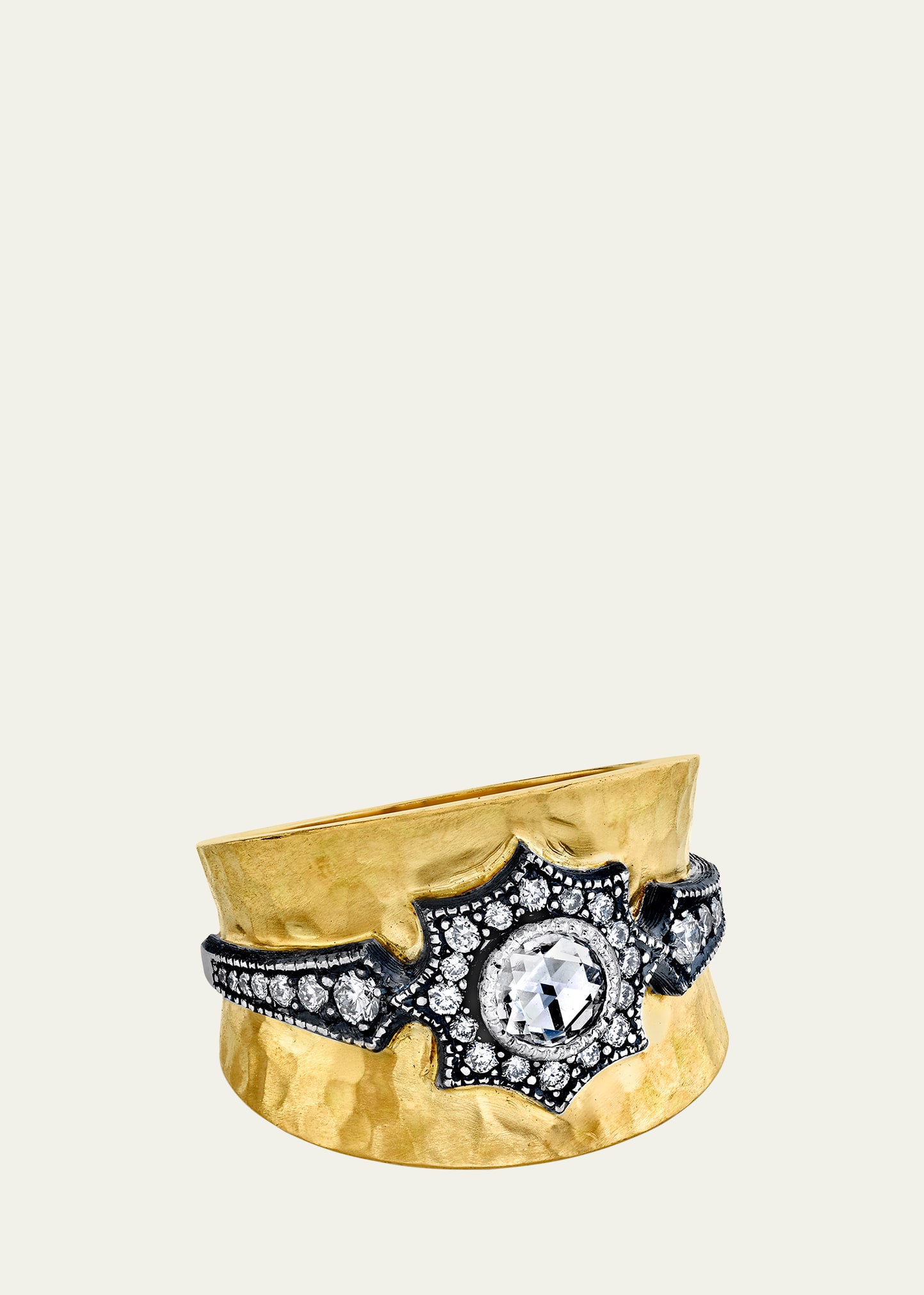 Arman Sarkisyan 18K Hammered Cigar Band Ring with Diamond Flower