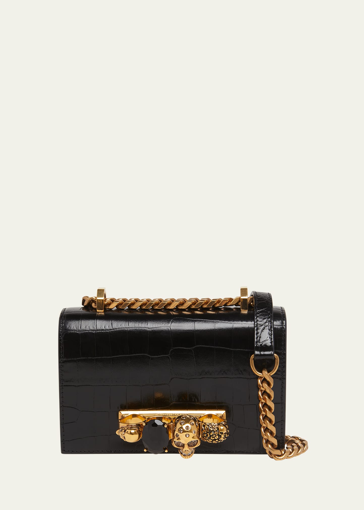 Alexander Mcqueen Black Mini Jewel-decorated Alligator Embossed Shoulder Bag In Black