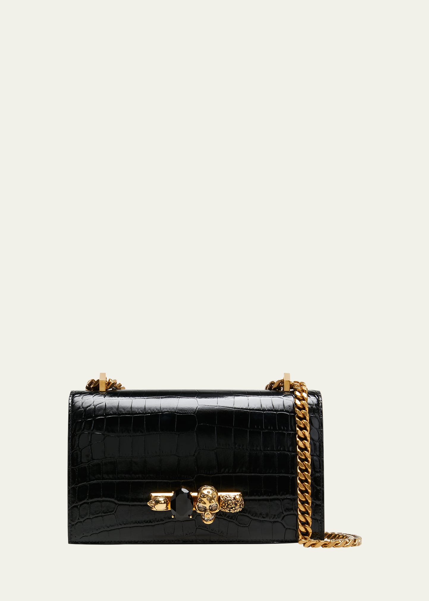 Alexander Mcqueen Black Mini Jewel-decorated Alligator Embossed Shoulder Bag In Black