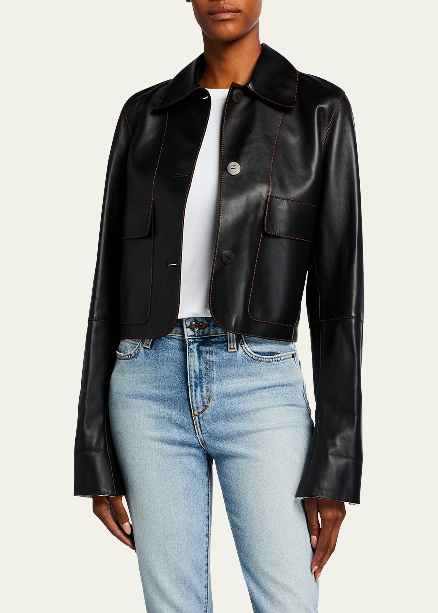 Leather Button-Front Cropped Jacket