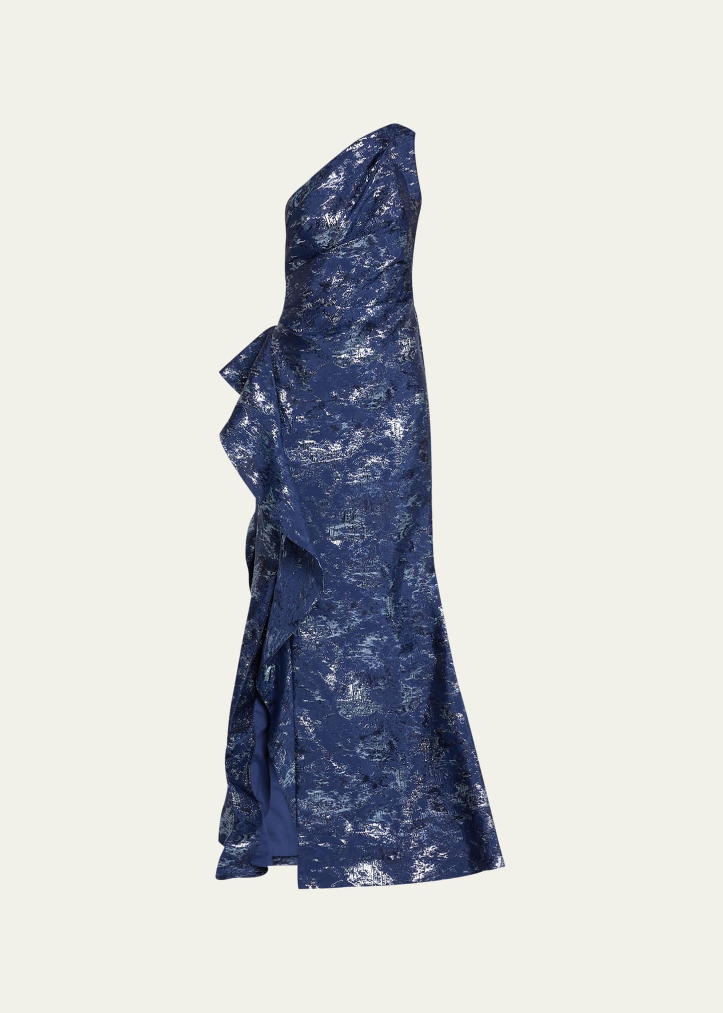 Shop Rickie Freeman For Teri Jon Metallic Jacquard One-shoulder Side-ruffle Gown In Navy