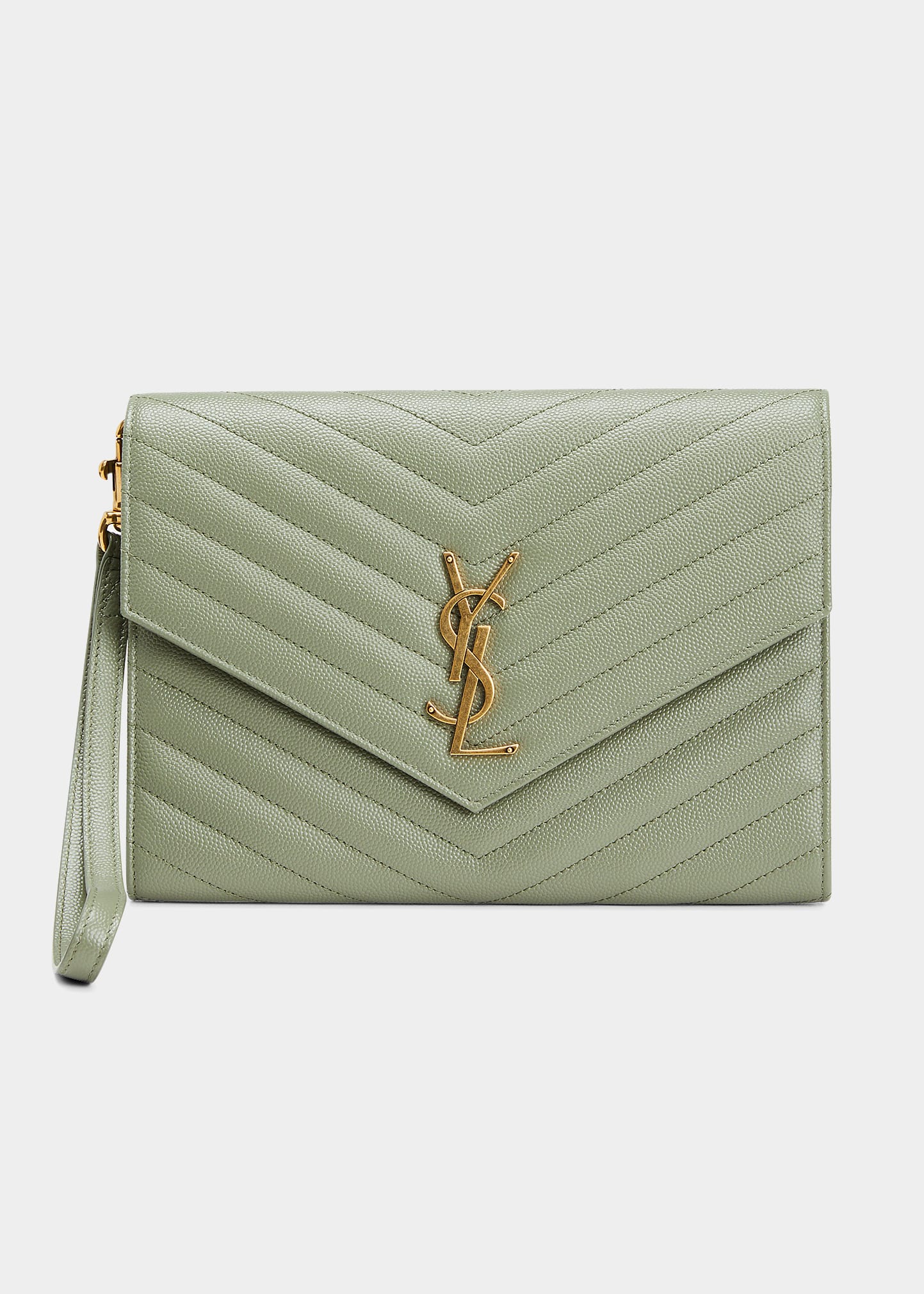 Ysl Quilted Leather Clutch Bag W/ Wristlet In 3317light Sage