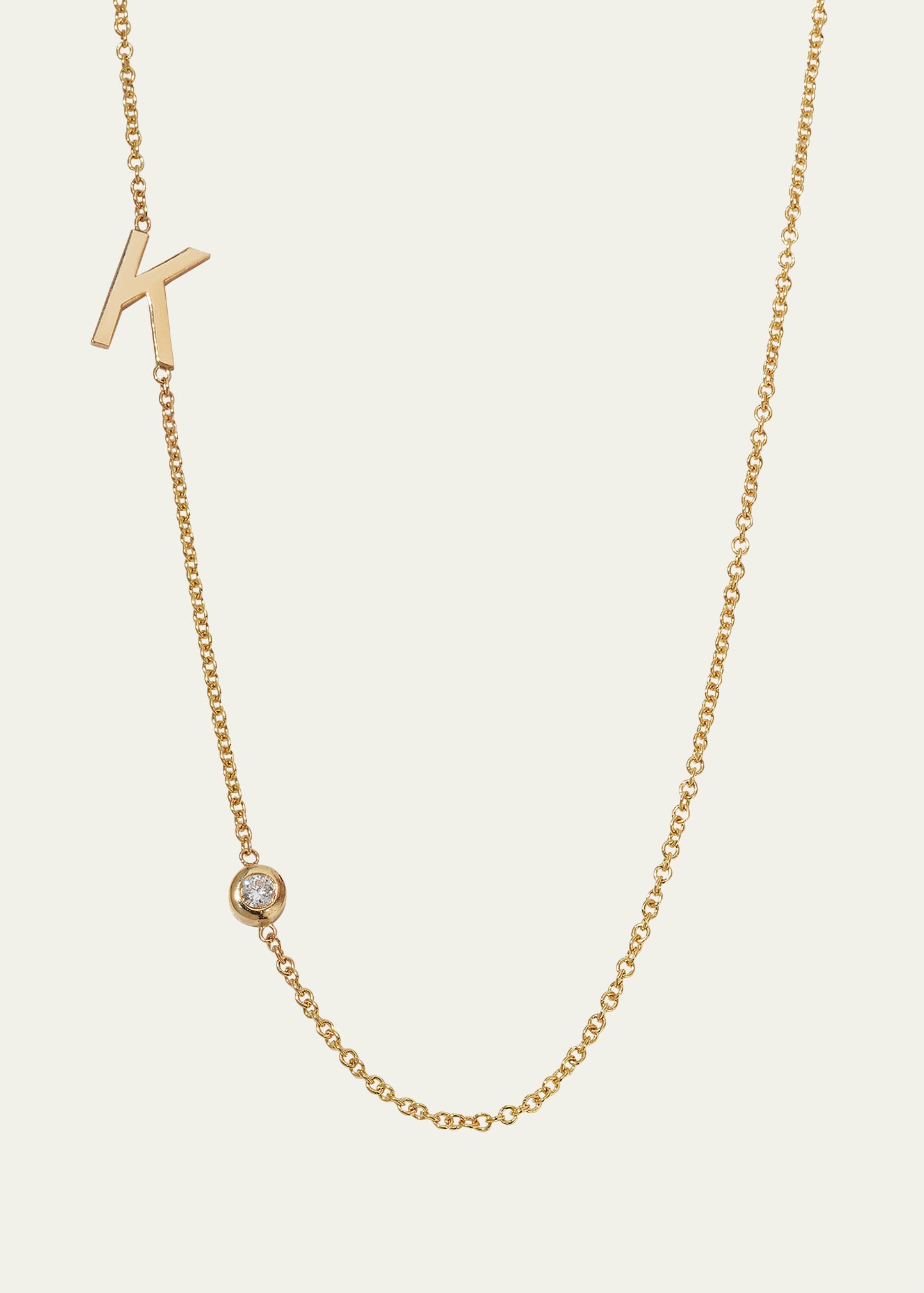 14k Gold Asymmetrical Initial and Bezel Diamond Necklace