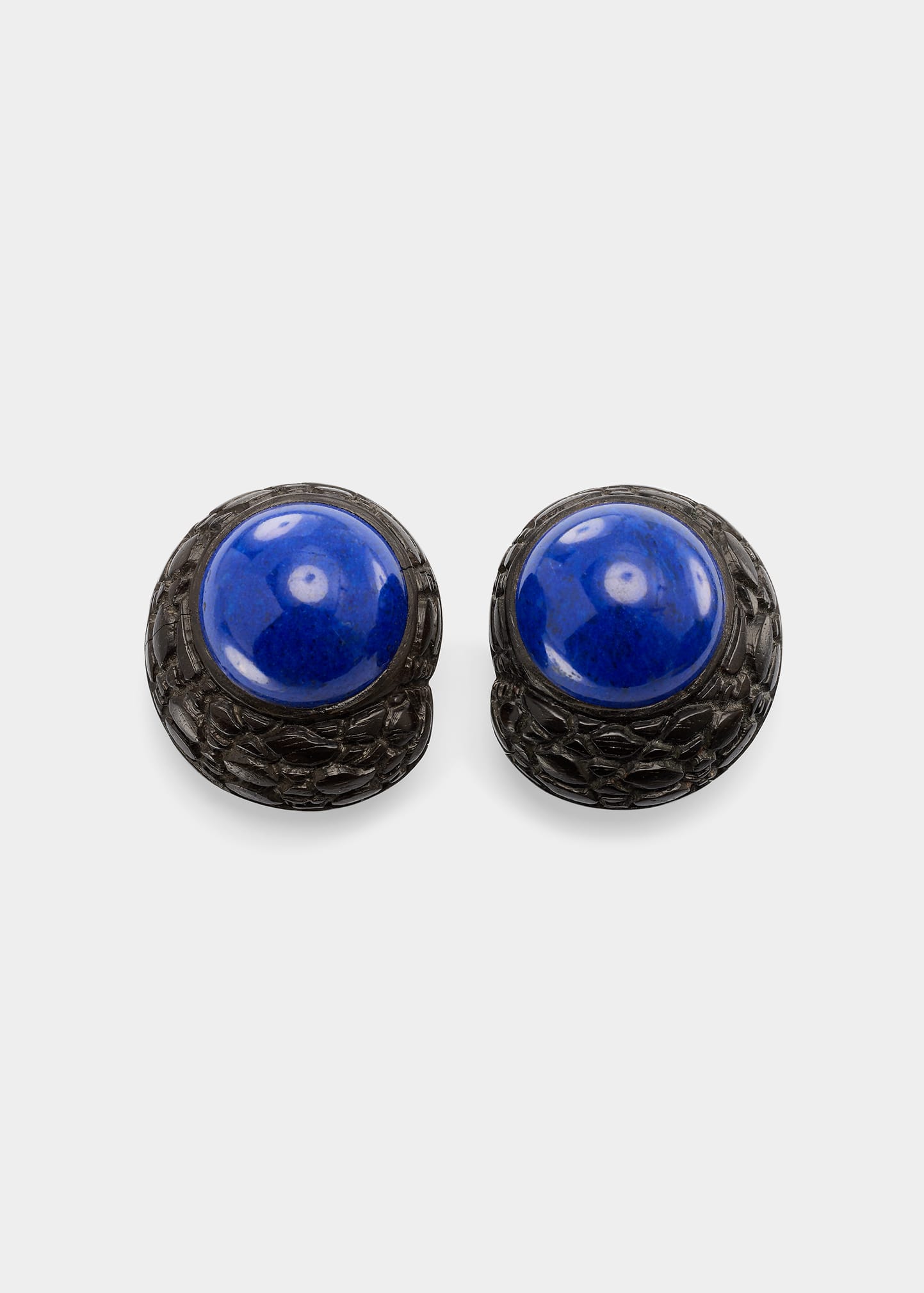 Baroque Clip Earrings in Hand-Carved Ebony and Lapis