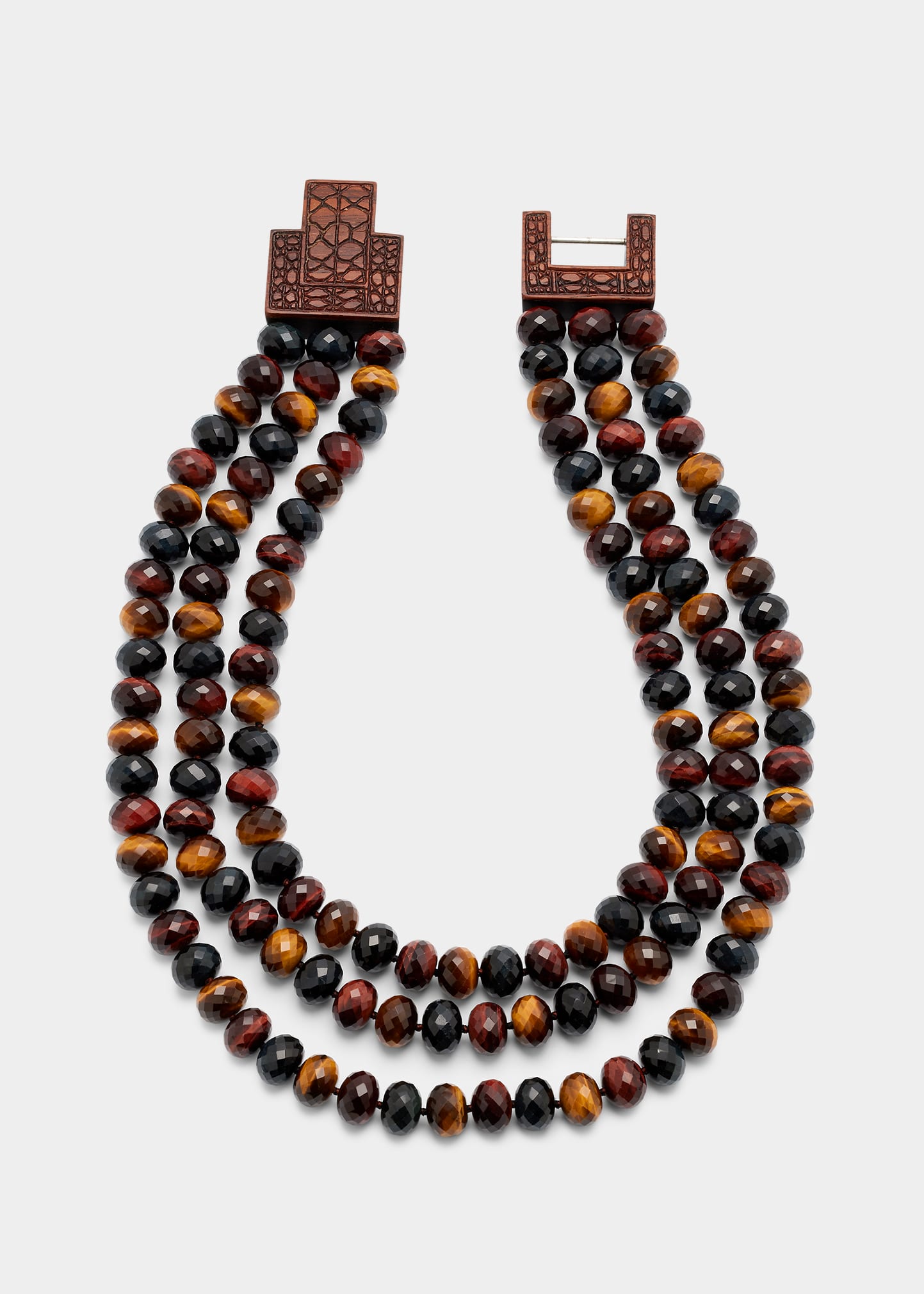 Tiger Eye Bead Necklace with Hand Carved Wood Clasp