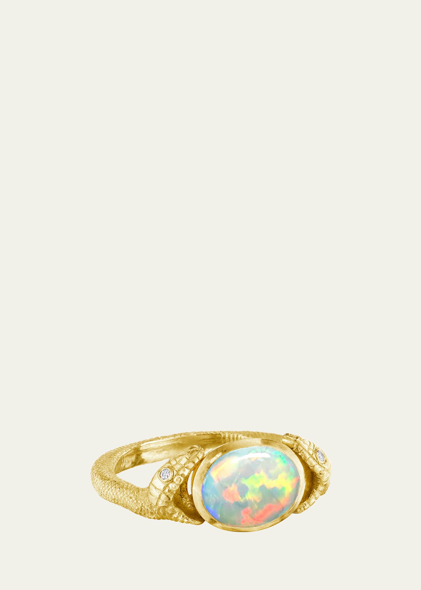 18K Yellow Gold 2 Headed Opal Serpent Ring with Diamonds, Size 6